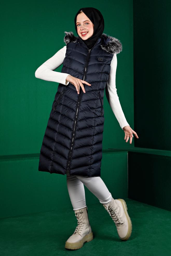 Hijab clothing NAVY BLUE FURRY HOODED PUFFER VEST 90337  - ALVİNA