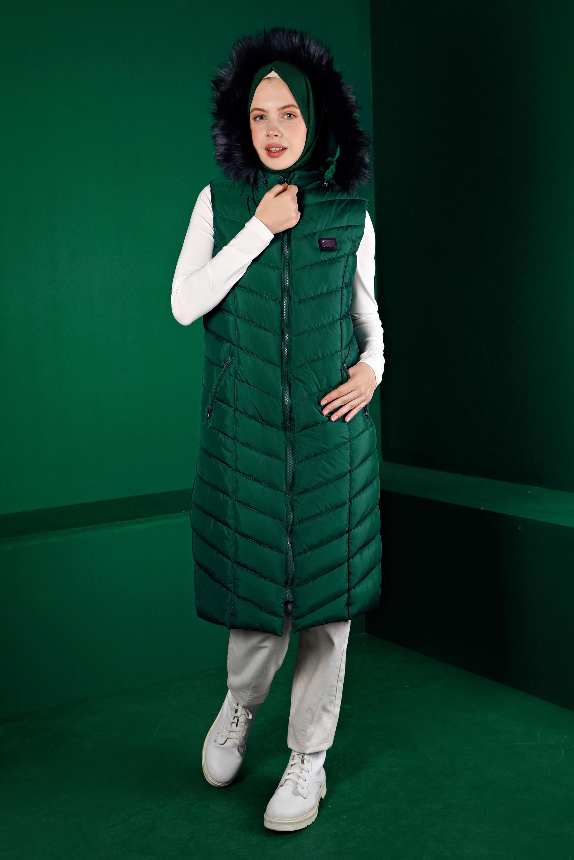 Vêtements hijab VERT VESTE REMBOURRÉE À CAPUCHE FOURRURE 90337
