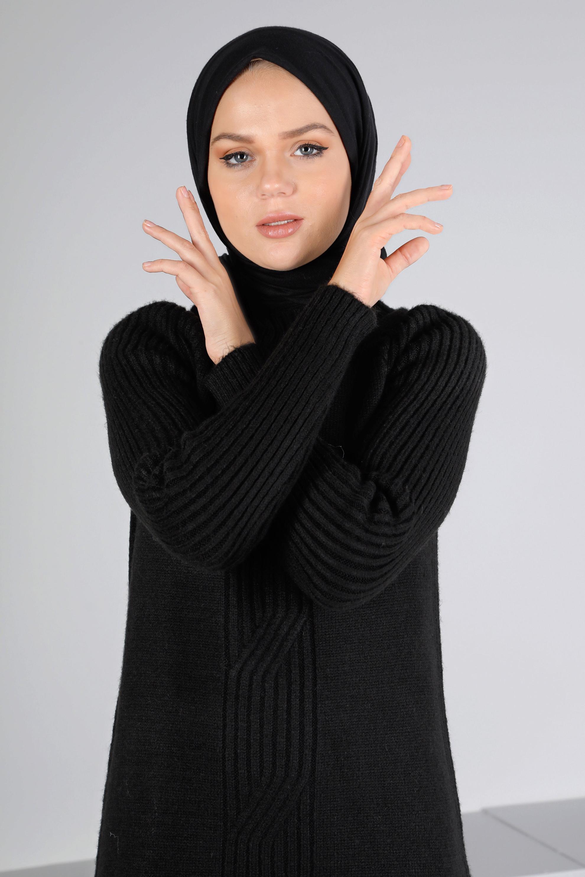 Tesettür giyim SİYAH ÖRGÜ DESENLİ TRİKO TUNİK 43184 