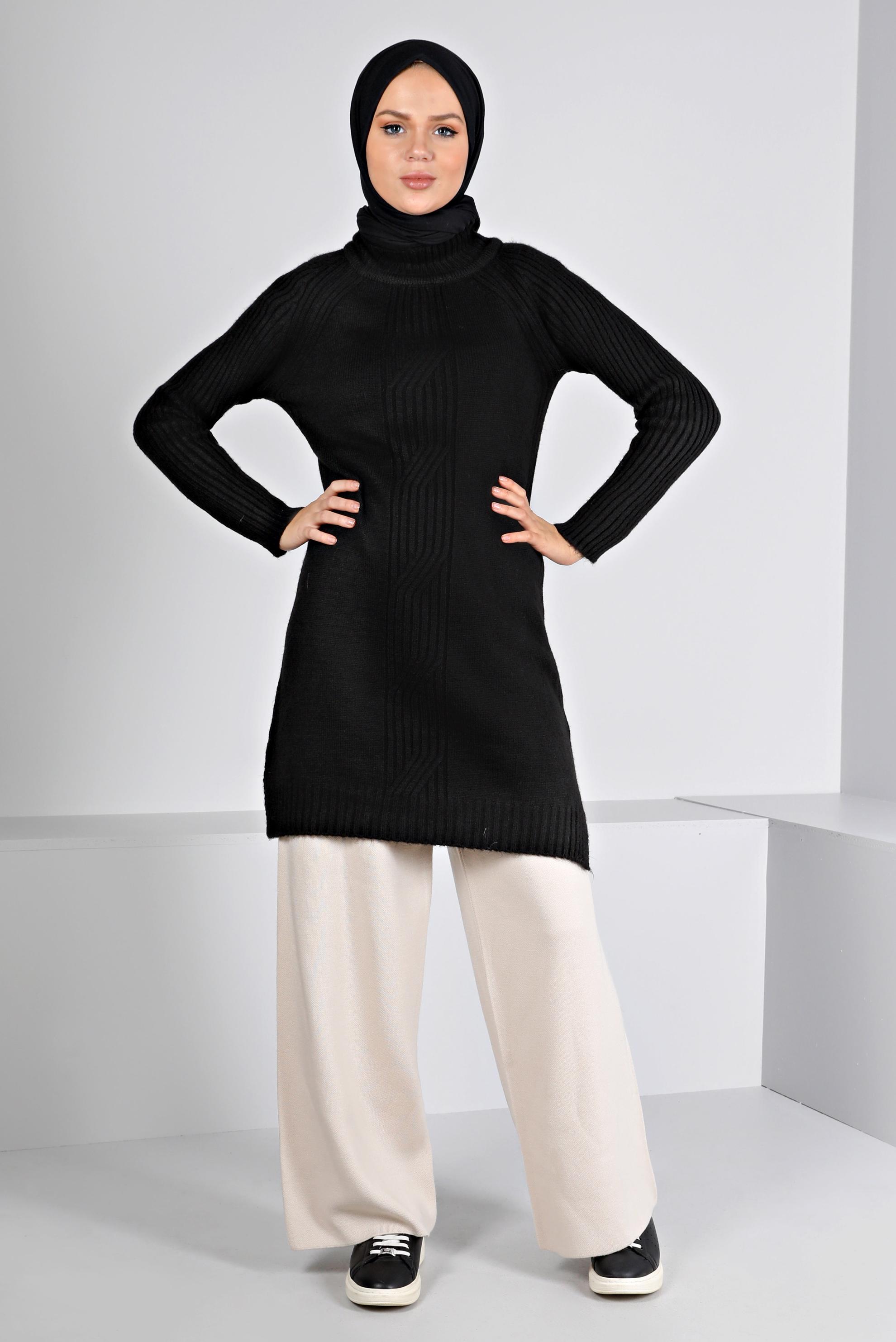 Tesettür giyim SİYAH ÖRGÜ DESENLİ TRİKO TUNİK 43184 