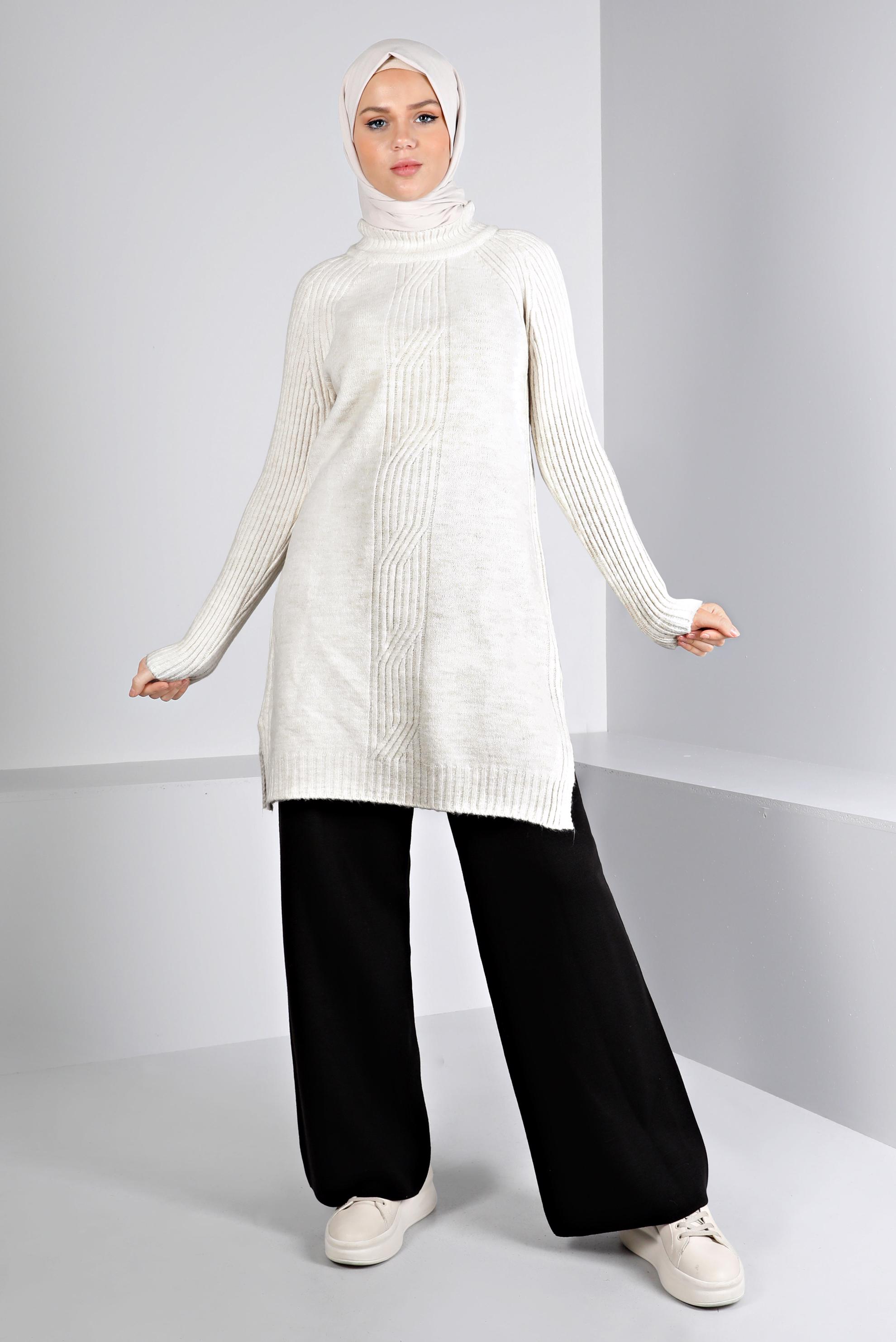 Tesettür giyim BEYAZ ÖRGÜ DESENLİ TRİKO TUNİK 43184 