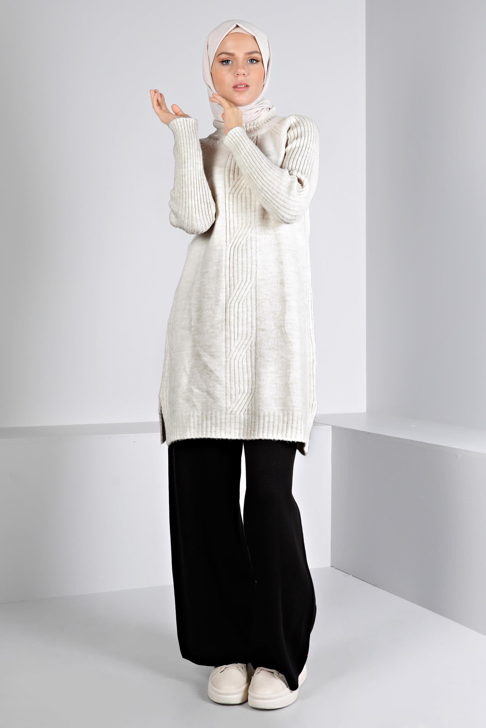 Tesettür giyim BEYAZ ÖRGÜ DESENLİ TRİKO TUNİK 43184 