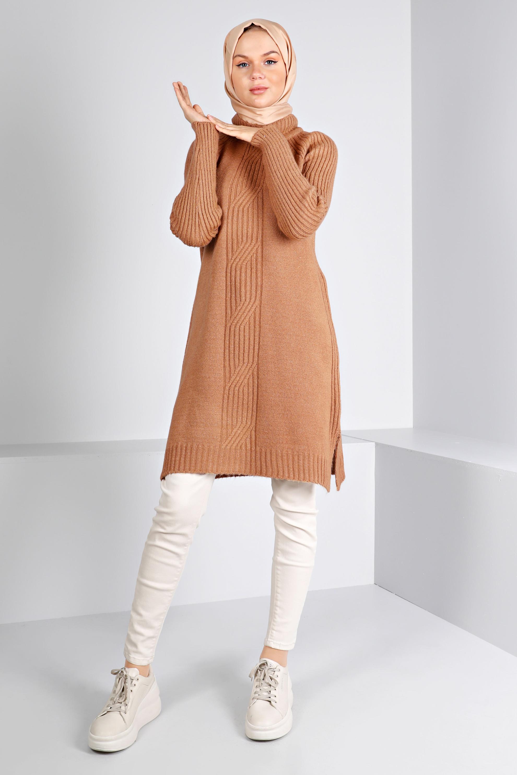 Tesettür giyim KAHVE ÖRGÜ DESENLİ TRİKO TUNİK 43184 