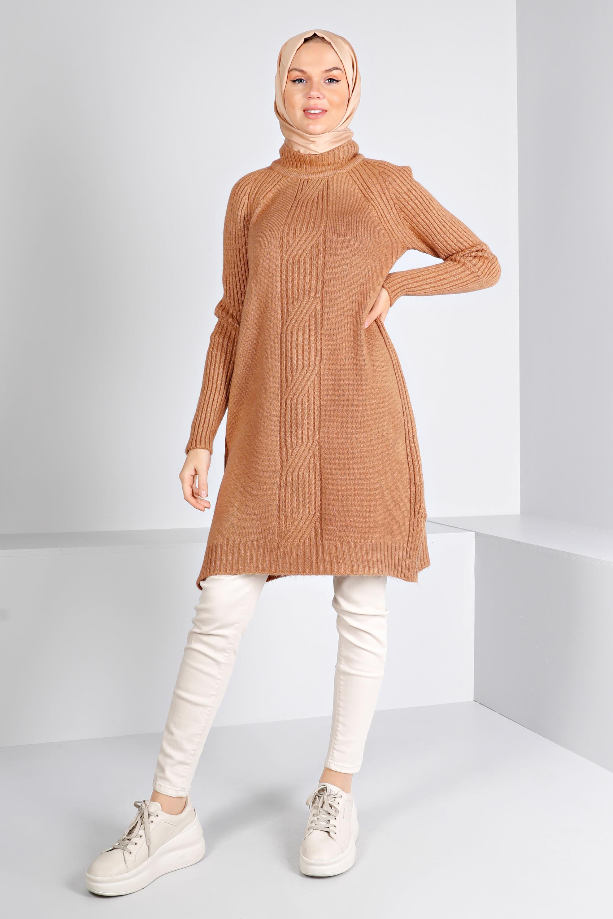 Tesettür giyim KAHVE ÖRGÜ DESENLİ TRİKO TUNİK 43184 