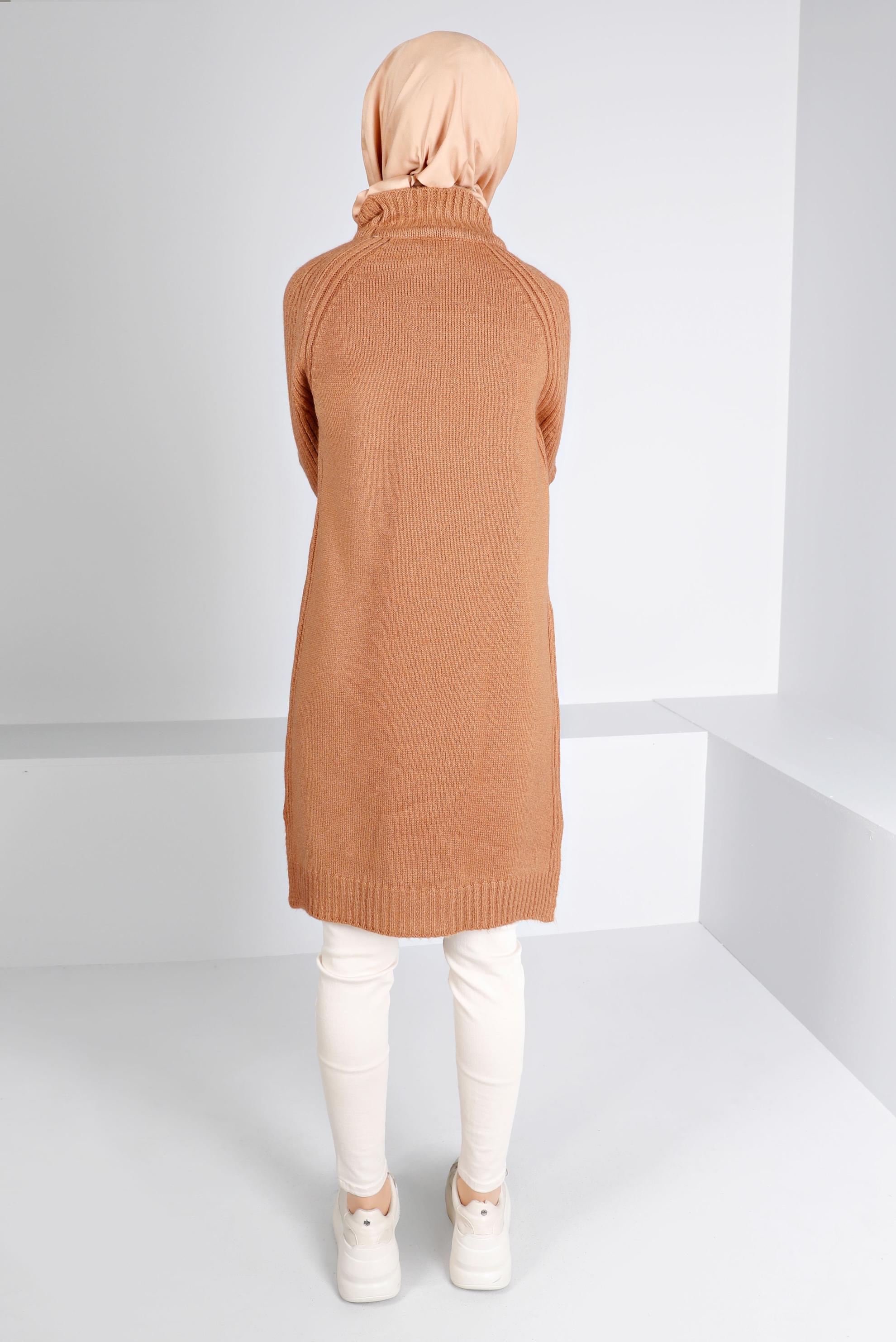 Tesettür giyim KAHVE ÖRGÜ DESENLİ TRİKO TUNİK 43184 