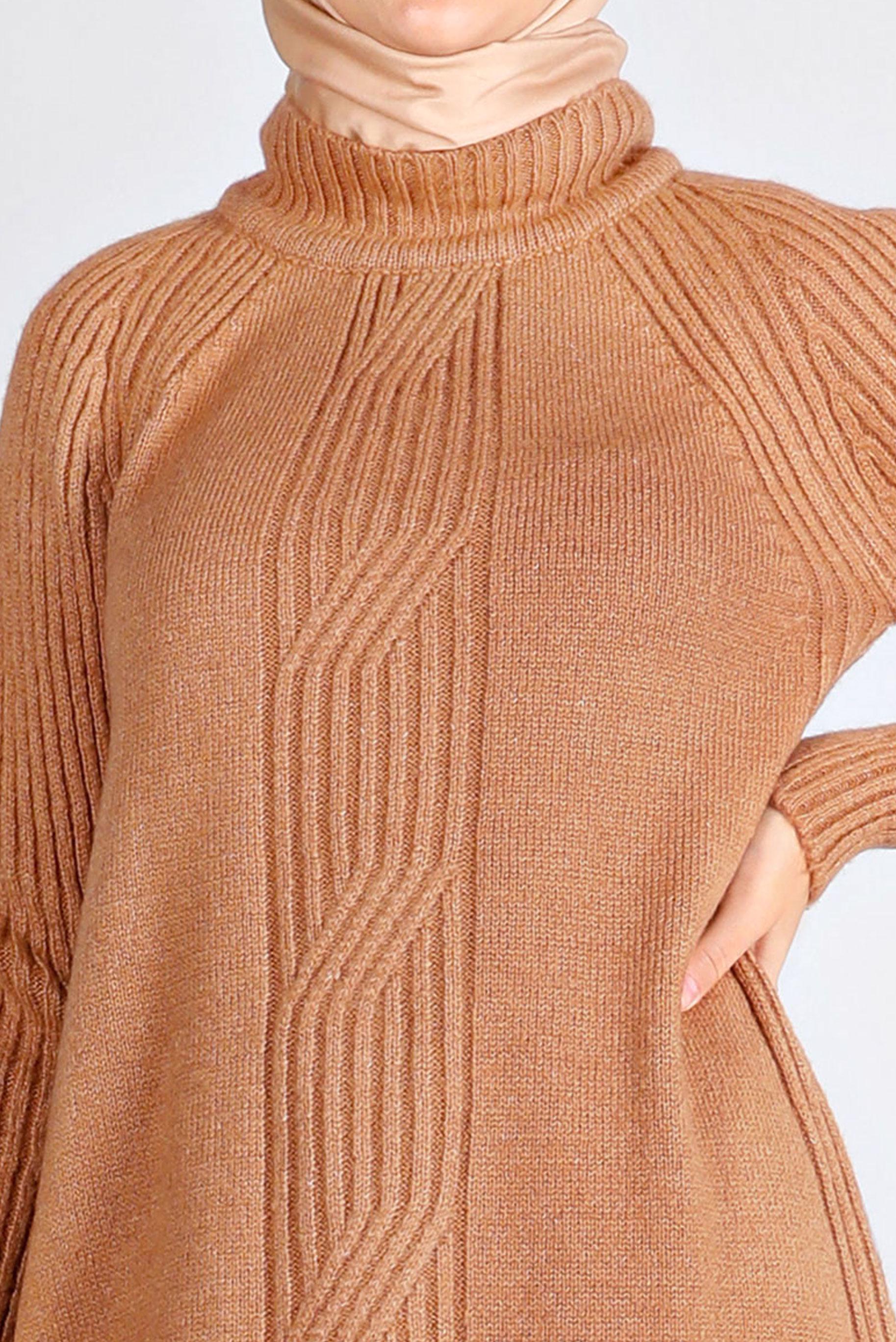 Tesettür giyim KAHVE ÖRGÜ DESENLİ TRİKO TUNİK 43184 