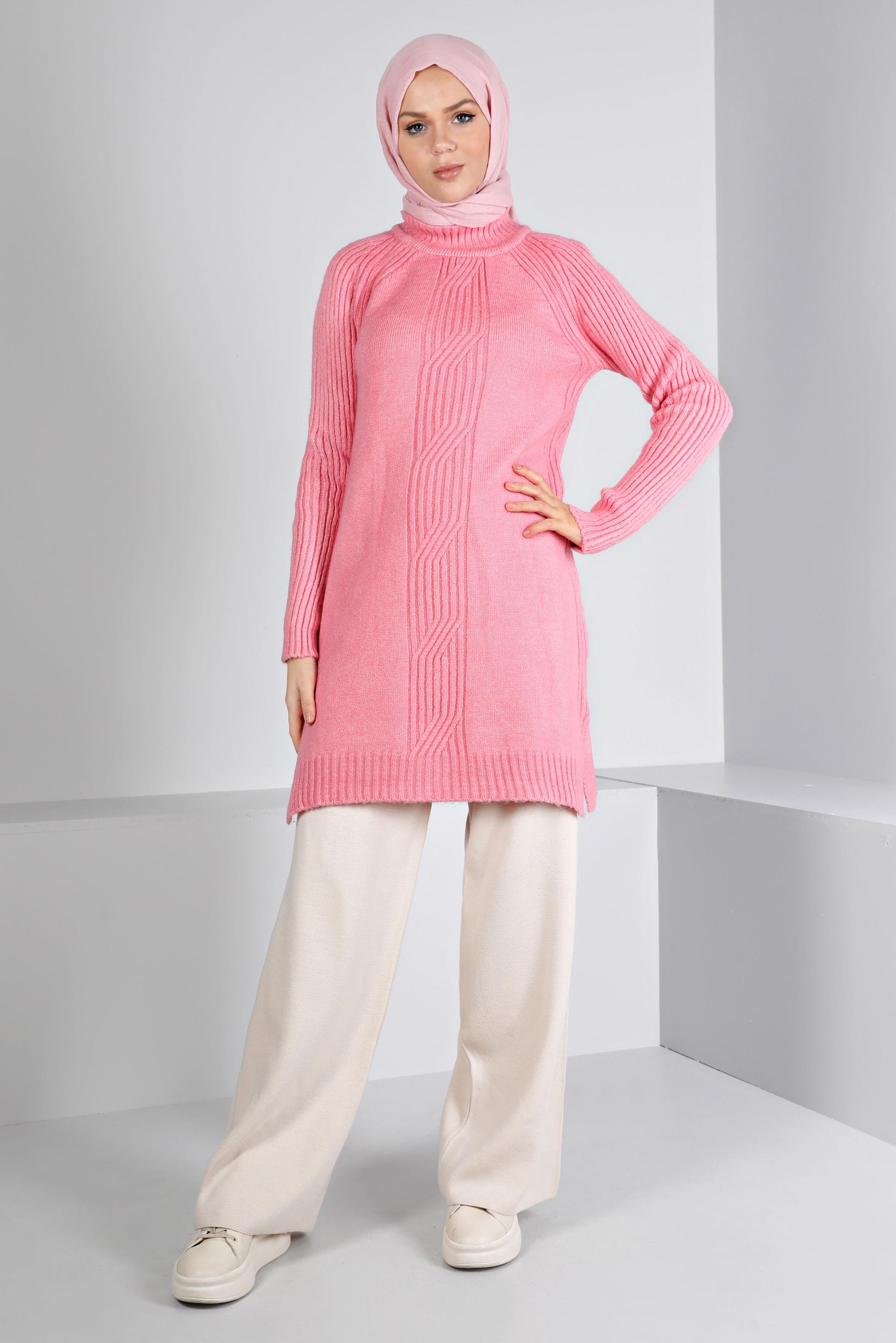 Tesettür giyim PUDRA ÖRGÜ DESENLİ TRİKO TUNİK 43184 