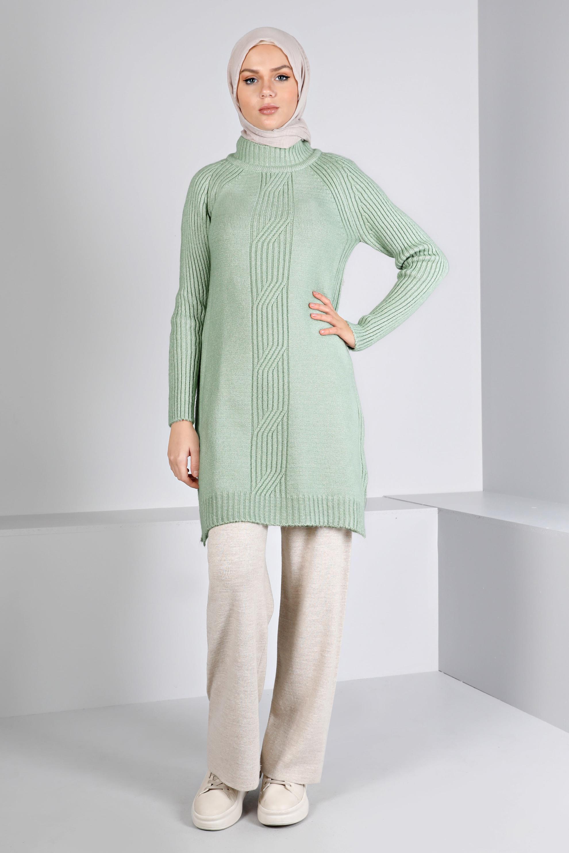 Tesettür giyim YEŞİL ÖRGÜ DESENLİ TRİKO TUNİK 43184 