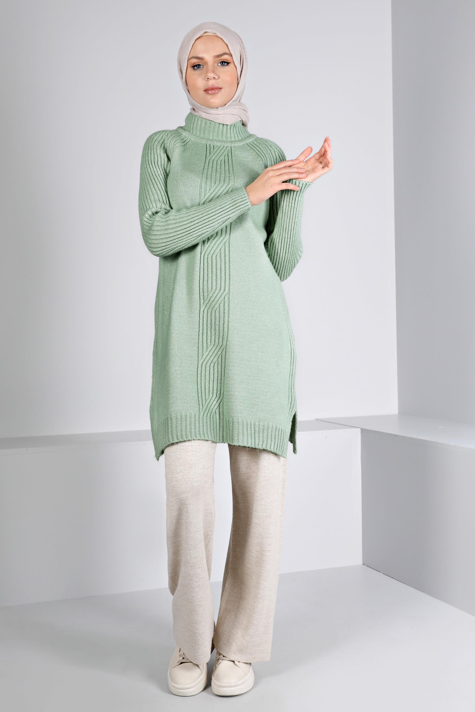 Tesettür giyim YEŞİL ÖRGÜ DESENLİ TRİKO TUNİK 43184 