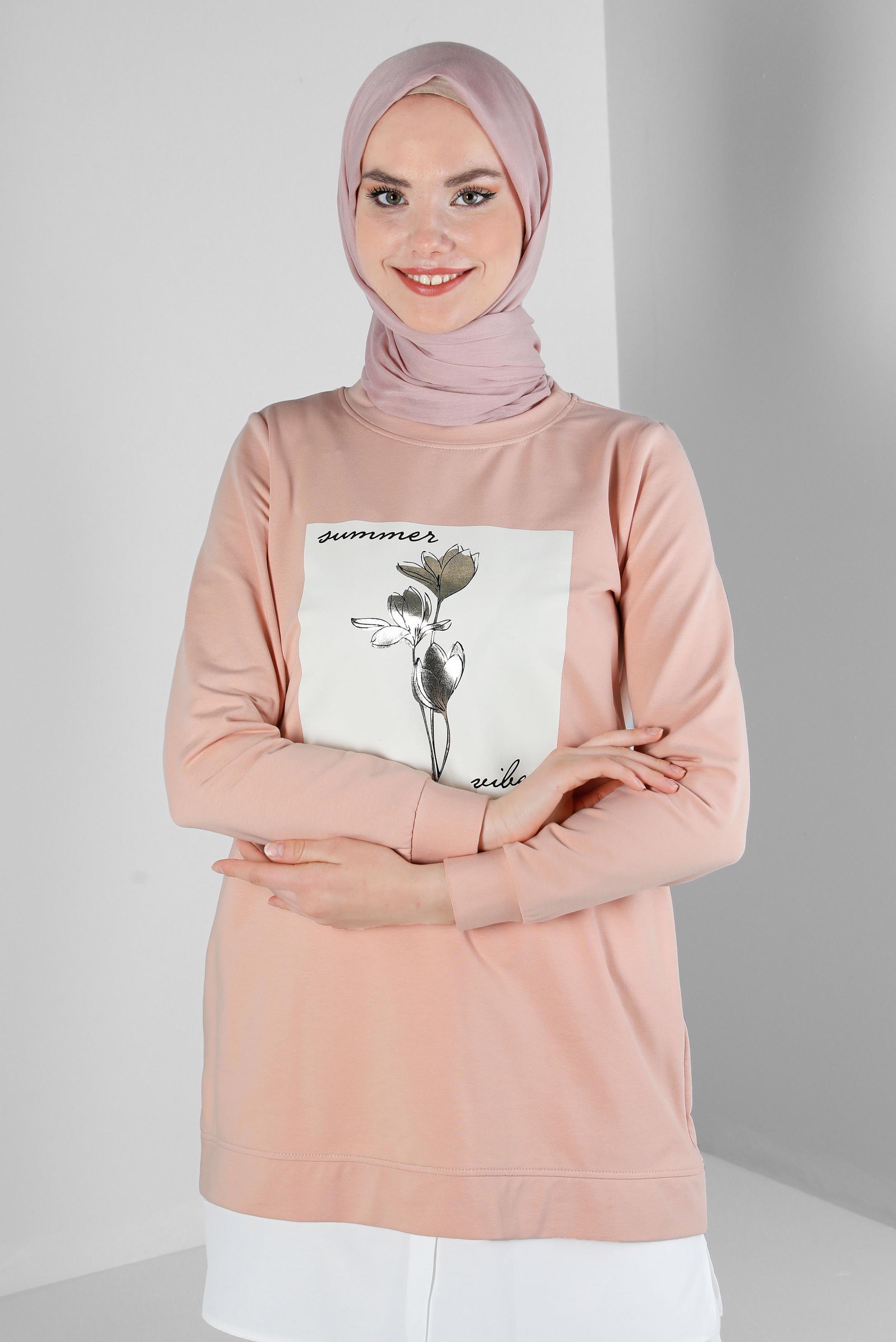 Tesettür giyim PUDRA YAZI VE ÇİÇEK BASKILI EŞOFMAN TUNİK 43556
