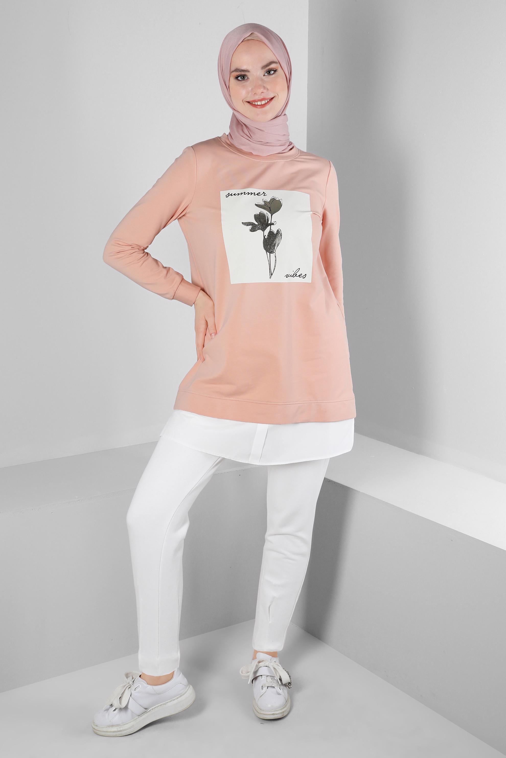 Tesettür giyim PUDRA YAZI VE ÇİÇEK BASKILI EŞOFMAN TUNİK 43556