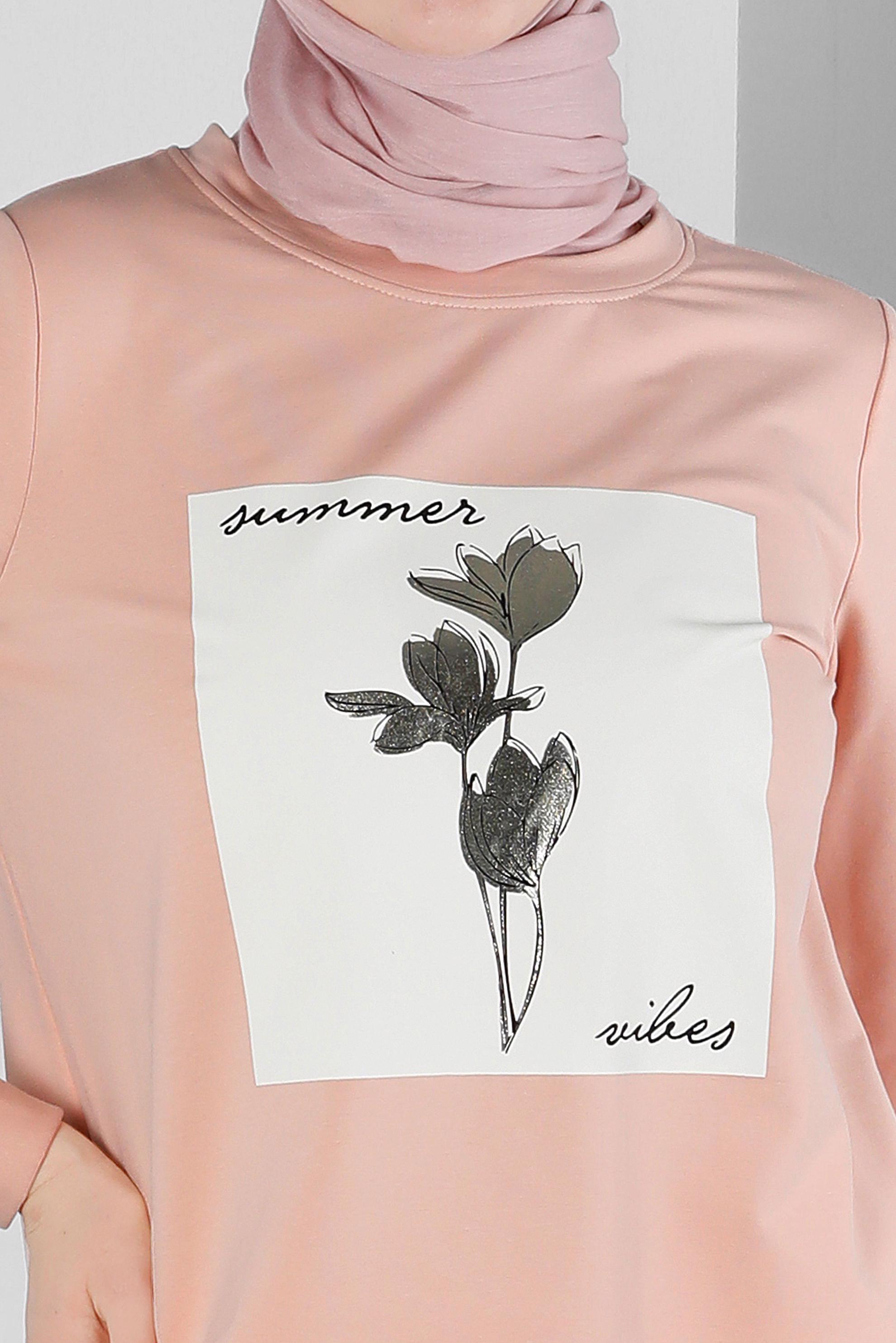 Tesettür giyim PUDRA YAZI VE ÇİÇEK BASKILI EŞOFMAN TUNİK 43556