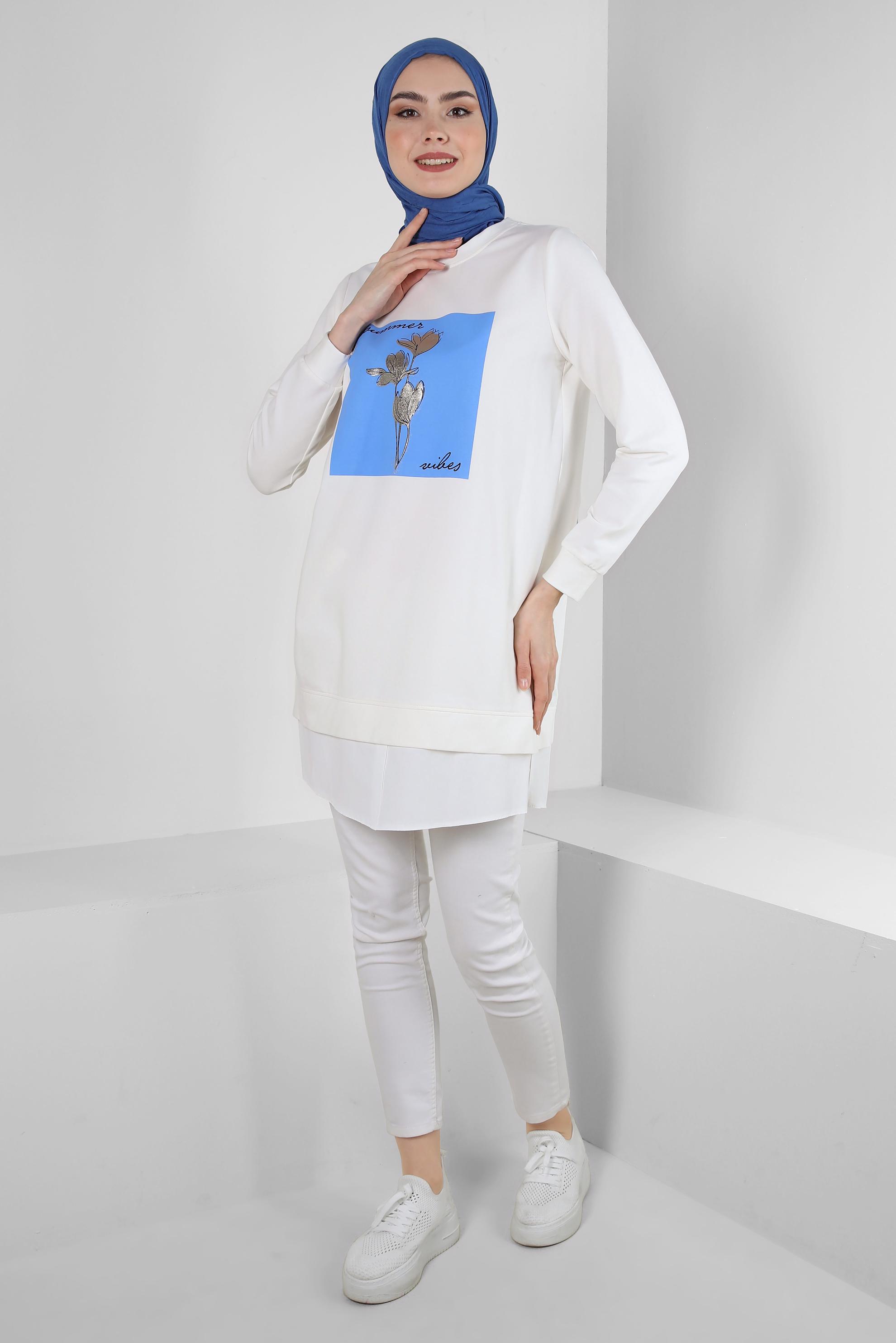 Tesettür giyim BEJ YAZI VE ÇİÇEK BASKILI EŞOFMAN TUNİK 43556