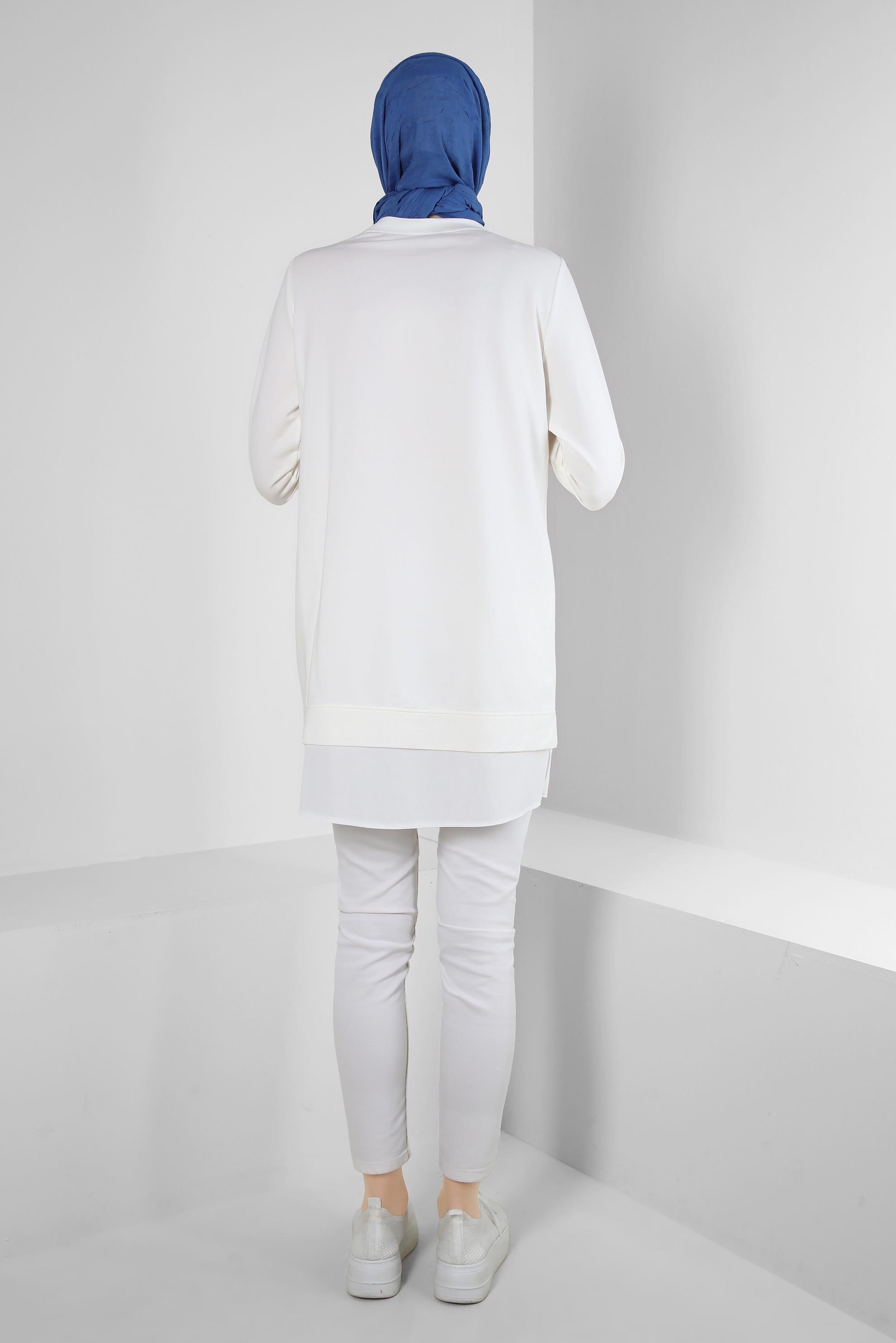 Tesettür giyim BEJ YAZI VE ÇİÇEK BASKILI EŞOFMAN TUNİK 43556