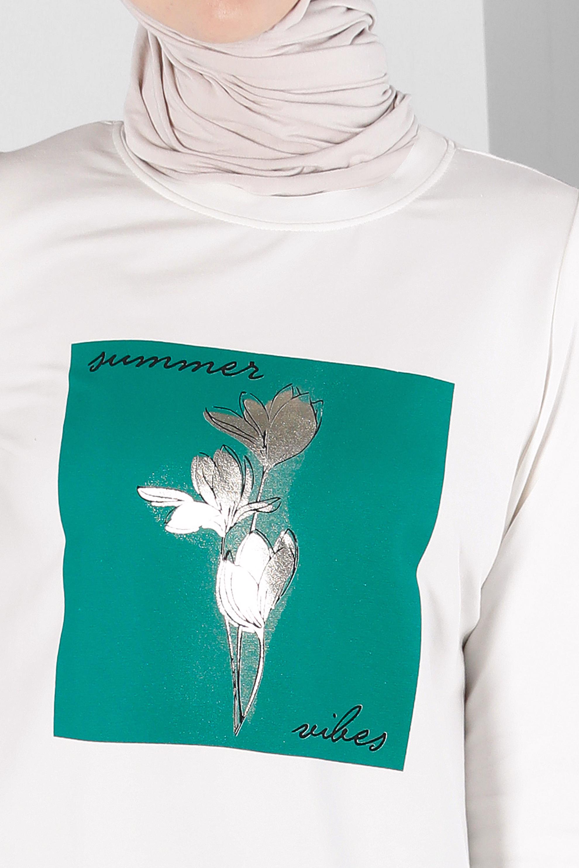 Tesettür giyim BEJ YAZI VE ÇİÇEK BASKILI EŞOFMAN TUNİK 43556