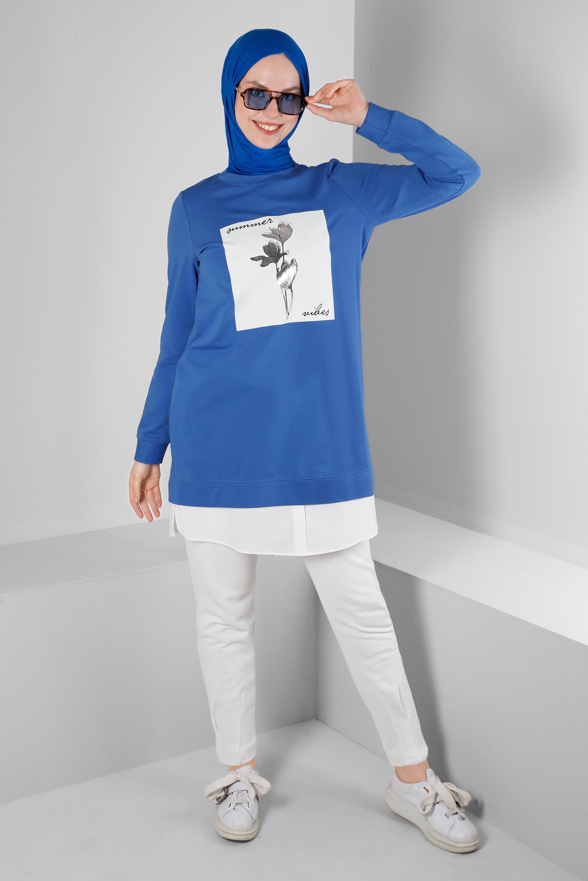 Tesettür giyim MAVİ YAZI VE ÇİÇEK BASKILI EŞOFMAN TUNİK 43556