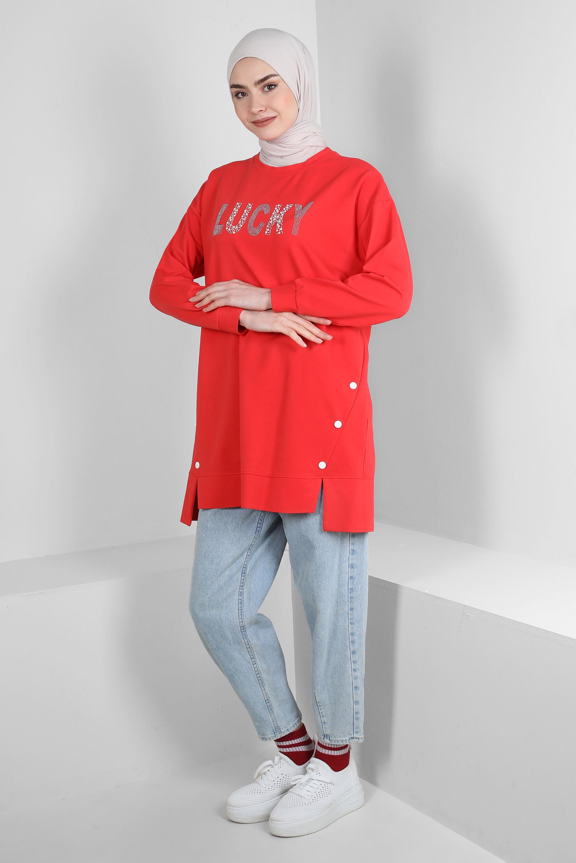 Tesettür giyim KIRMIZI YAZI BASKILI DÜĞME DETAYLI EŞOFMAN TUNİK 43562