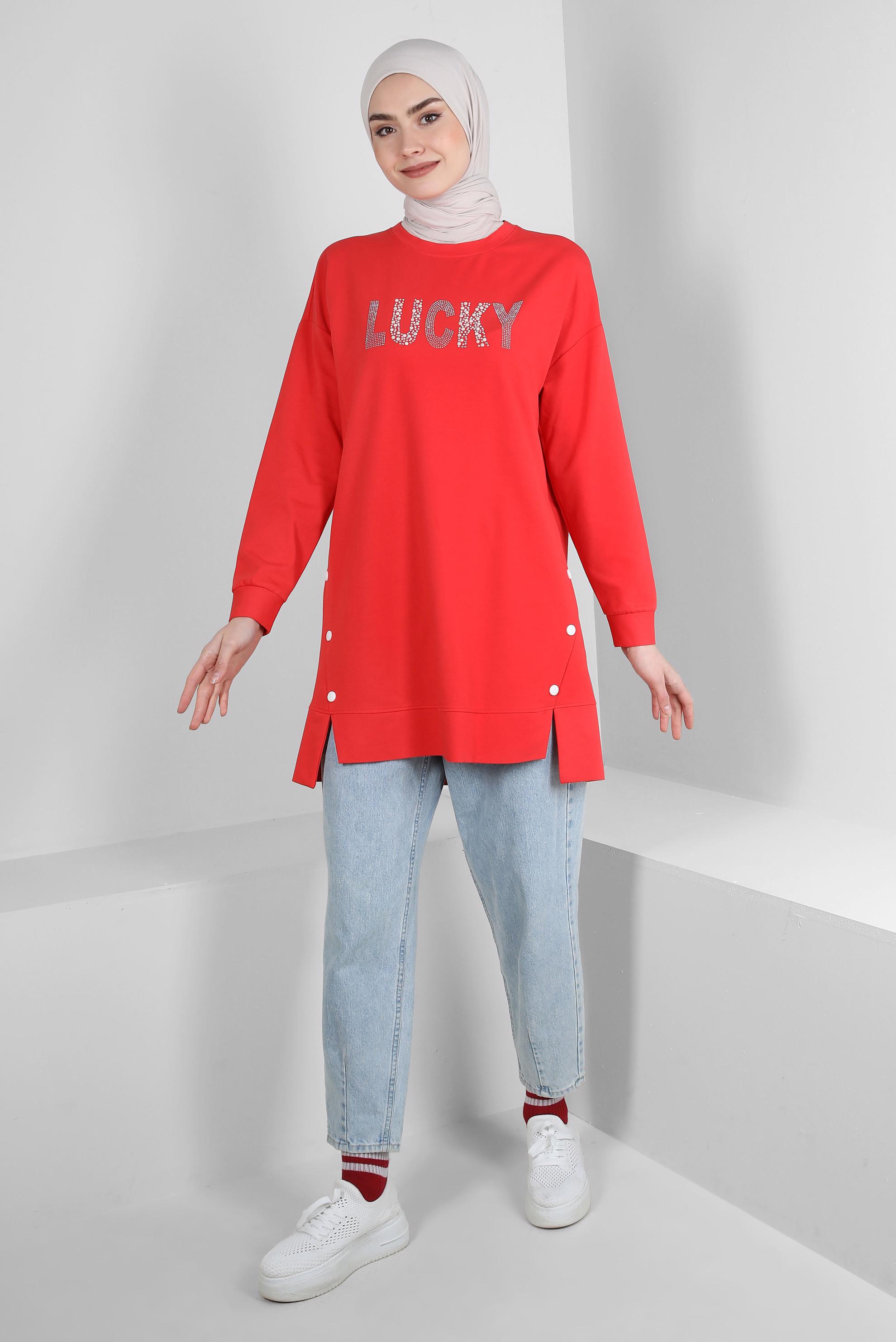 Tesettür giyim KIRMIZI YAZI BASKILI DÜĞME DETAYLI EŞOFMAN TUNİK 43562