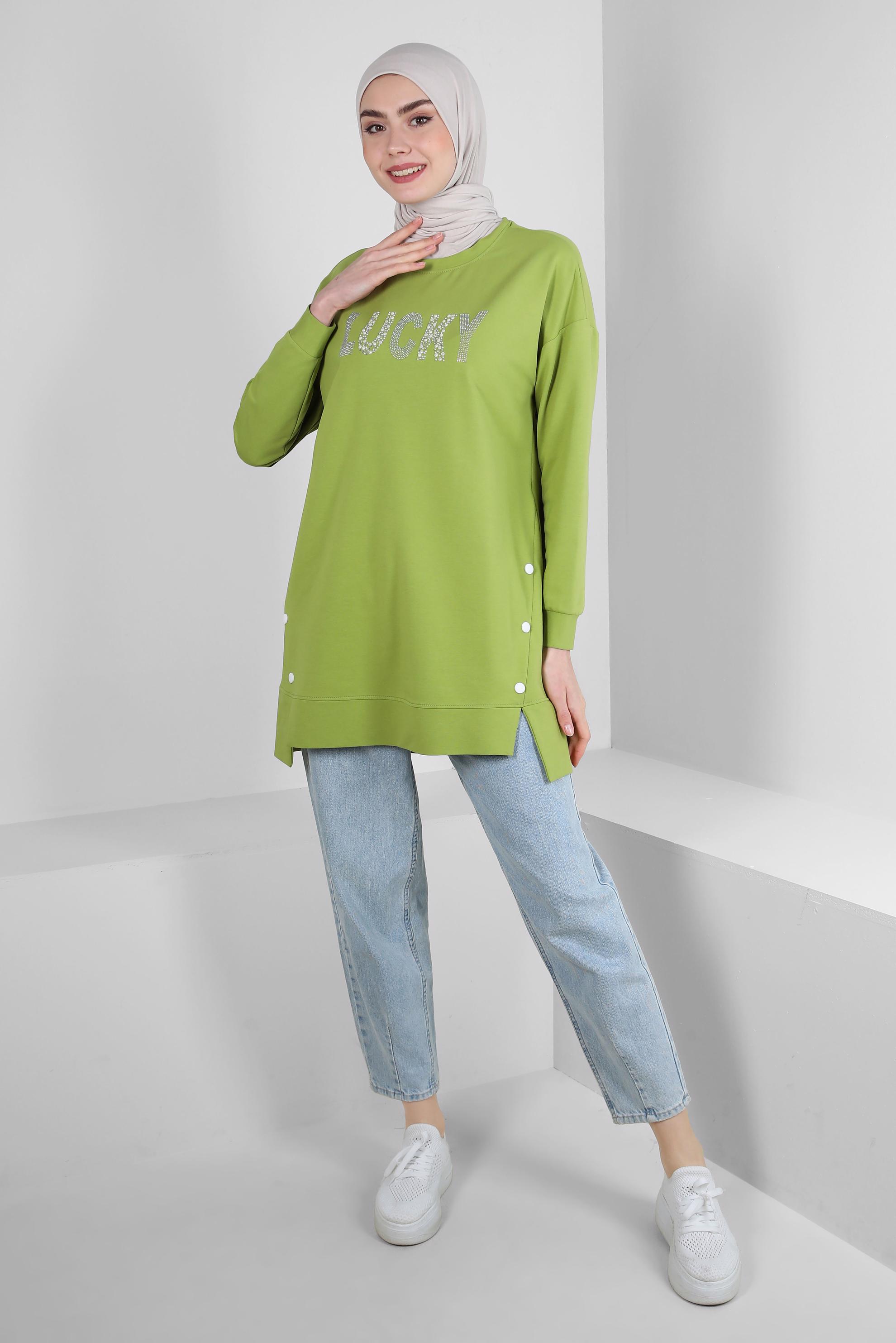 Tesettür giyim YEŞİL YAZI BASKILI DÜĞME DETAYLI EŞOFMAN TUNİK 43562