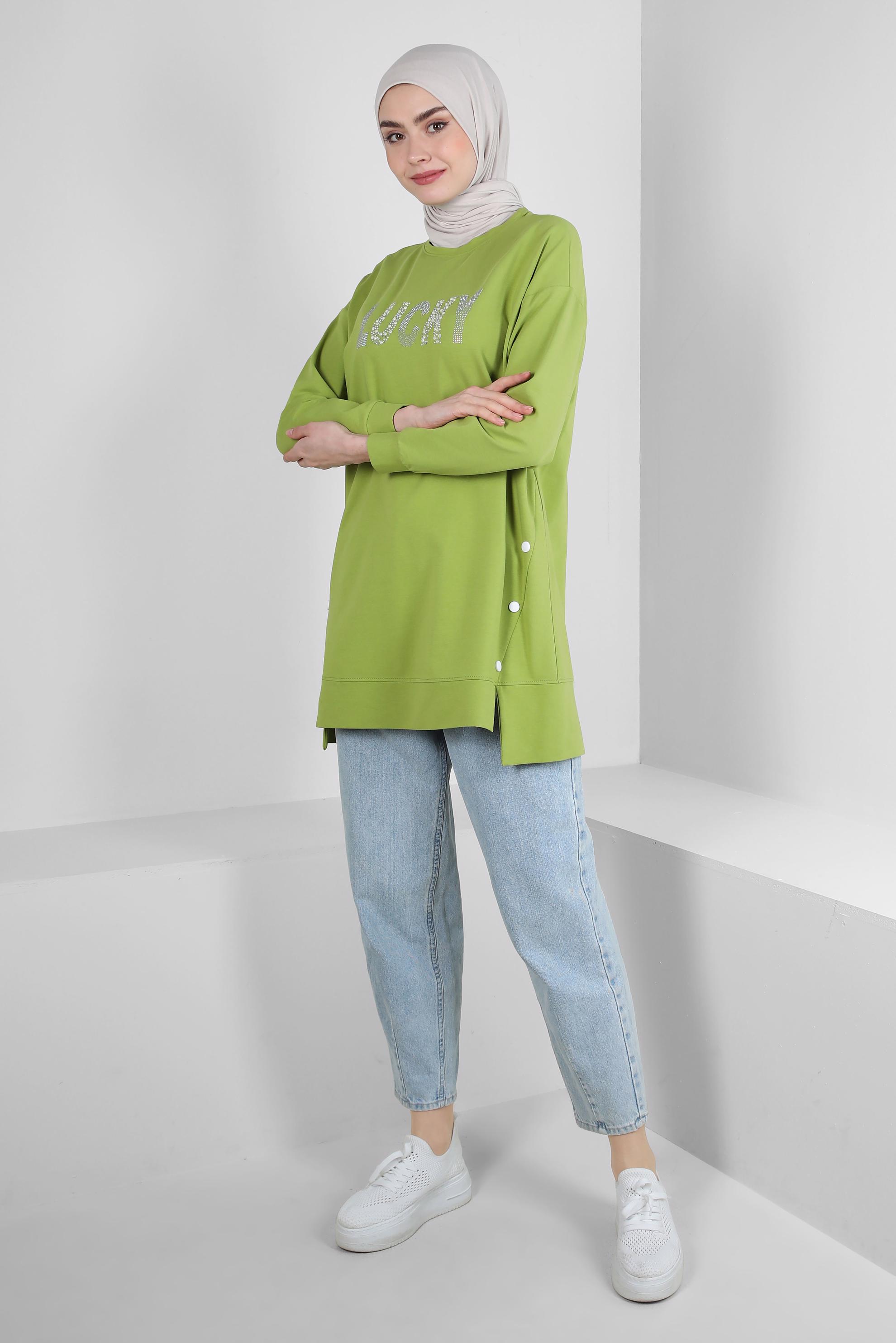 Tesettür giyim YEŞİL YAZI BASKILI DÜĞME DETAYLI EŞOFMAN TUNİK 43562