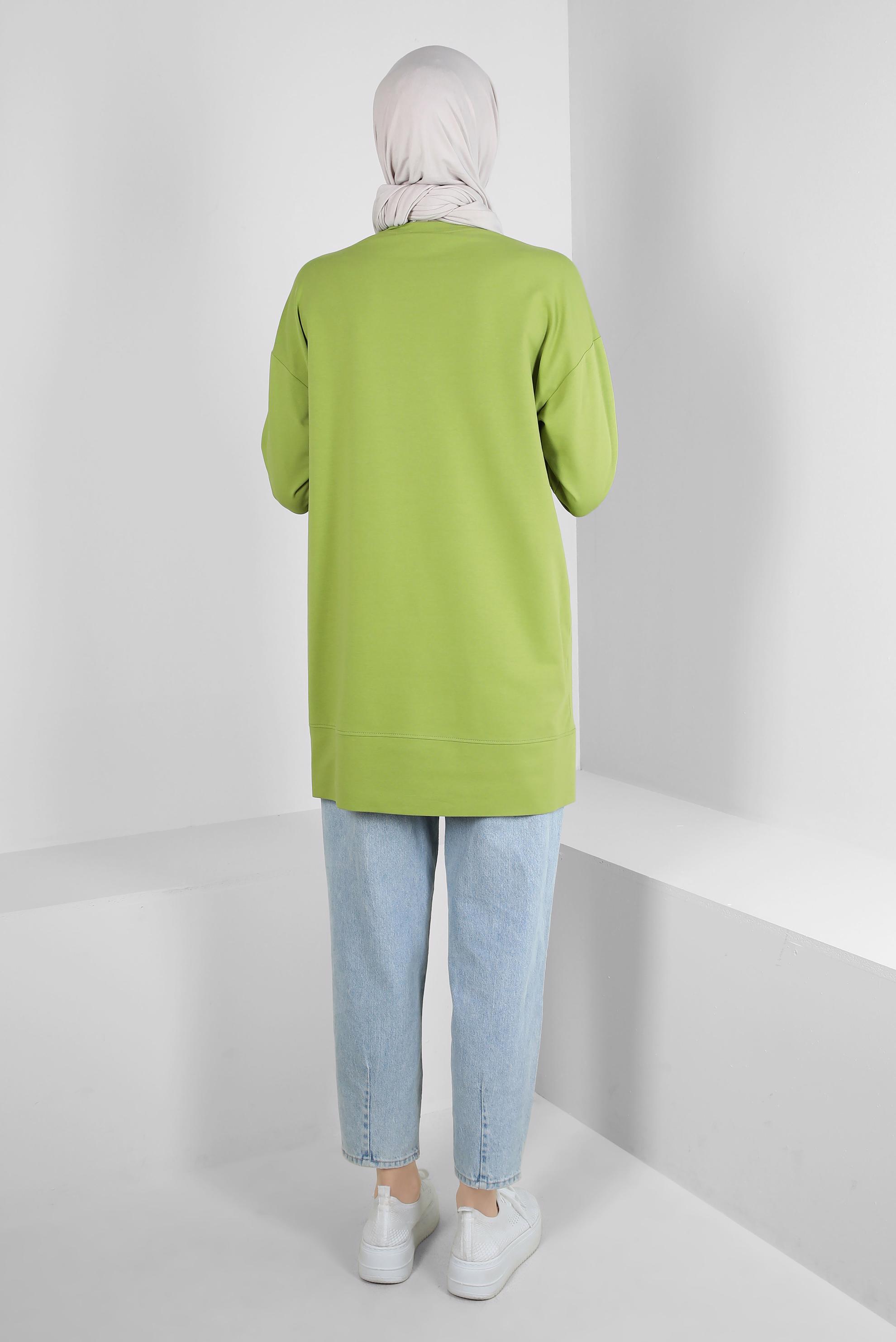 Tesettür giyim YEŞİL YAZI BASKILI DÜĞME DETAYLI EŞOFMAN TUNİK 43562