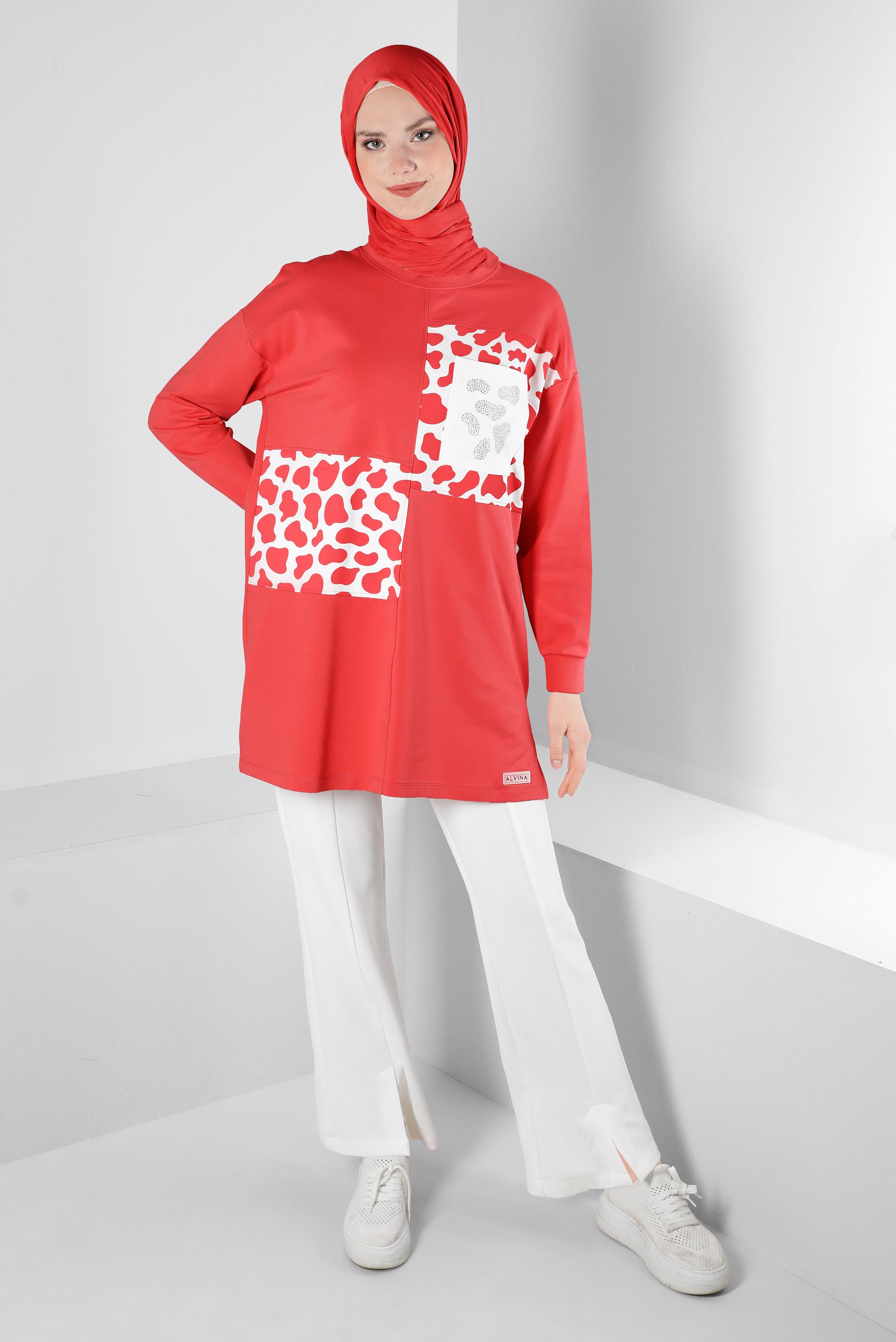Tesettür giyim KIRMIZI DESENLİ BASKILI EŞOFMAN TUNİK 43621