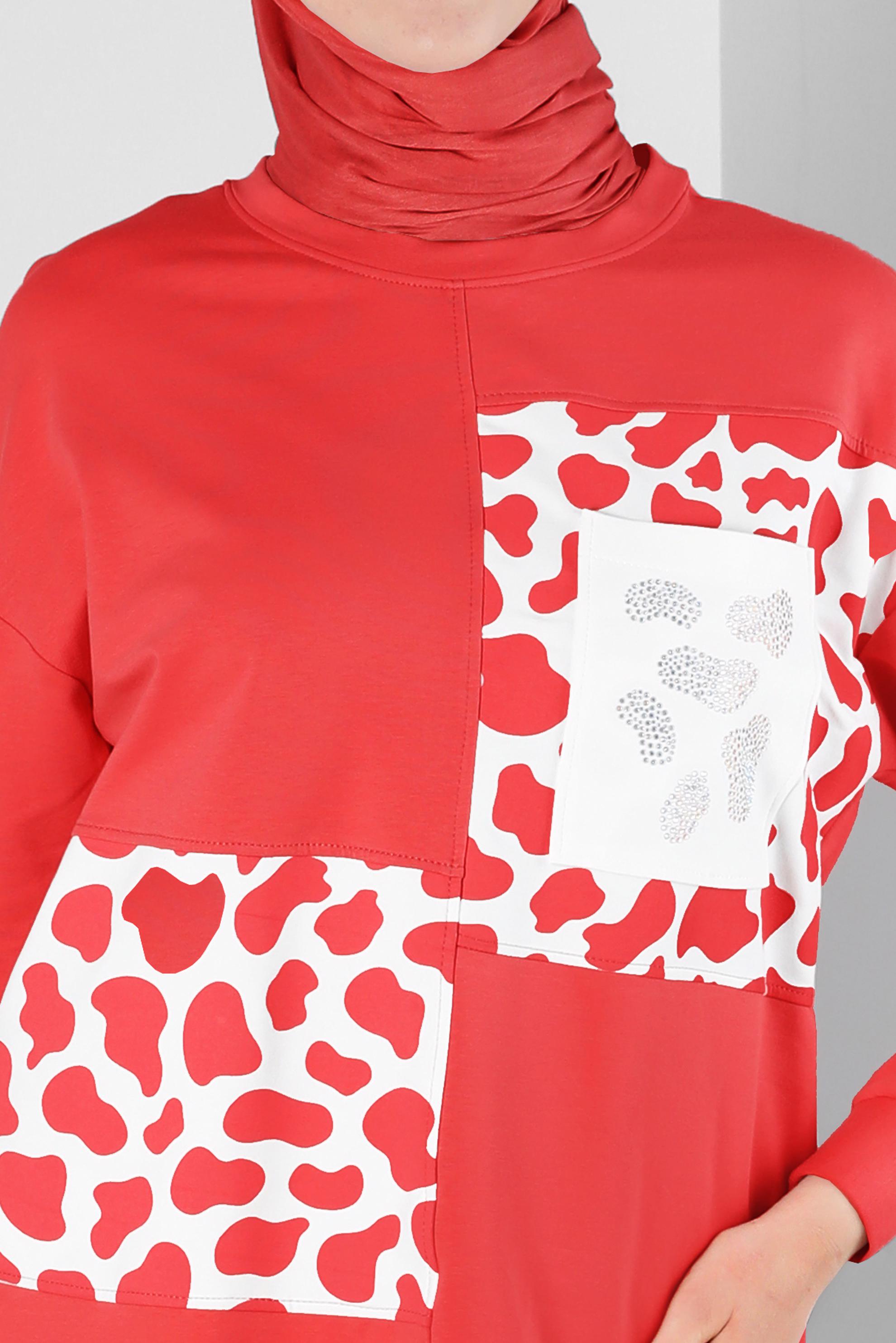 Tesettür giyim KIRMIZI DESENLİ BASKILI EŞOFMAN TUNİK 43621