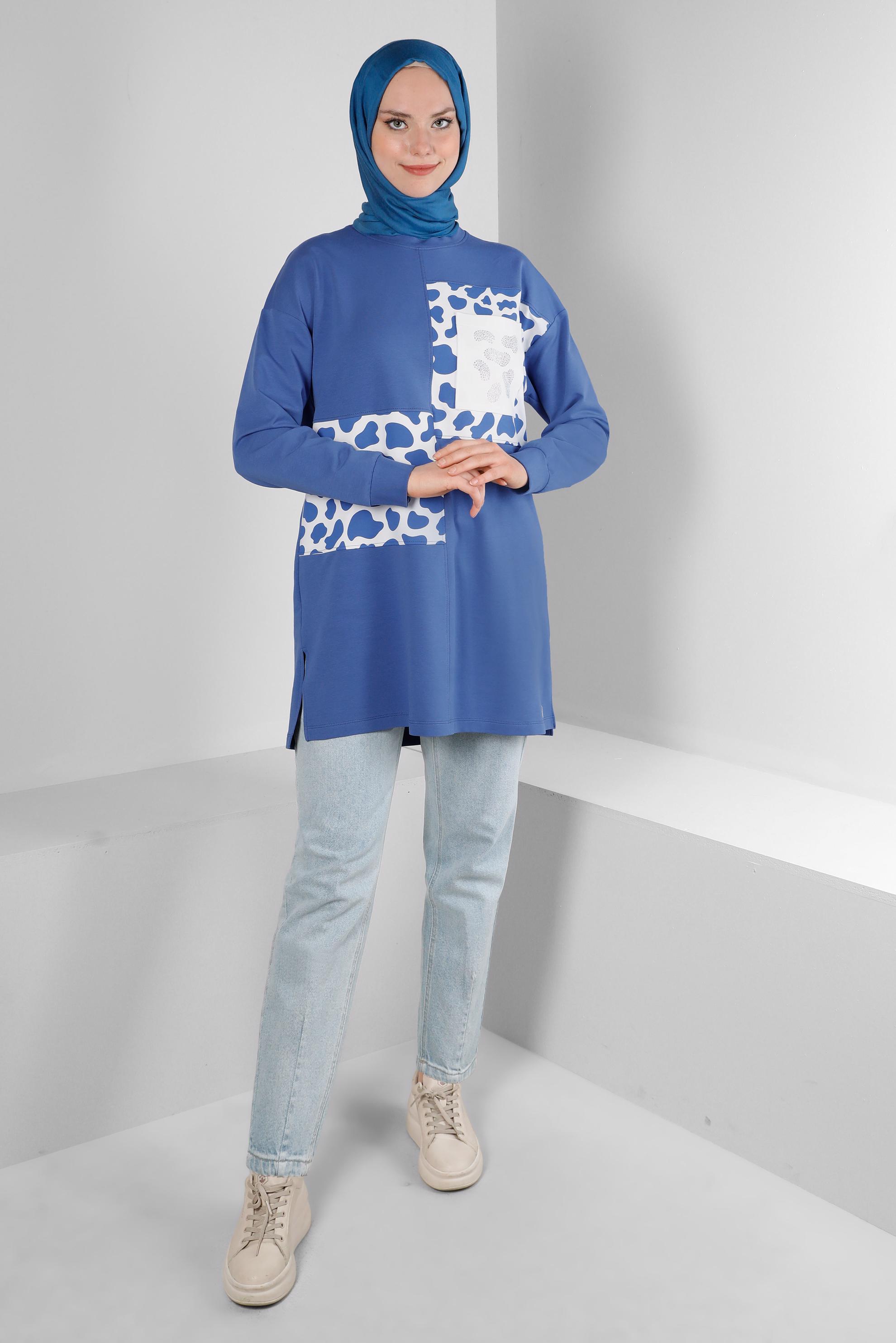 Tesettür giyim MAVİ DESENLİ BASKILI EŞOFMAN TUNİK 43621