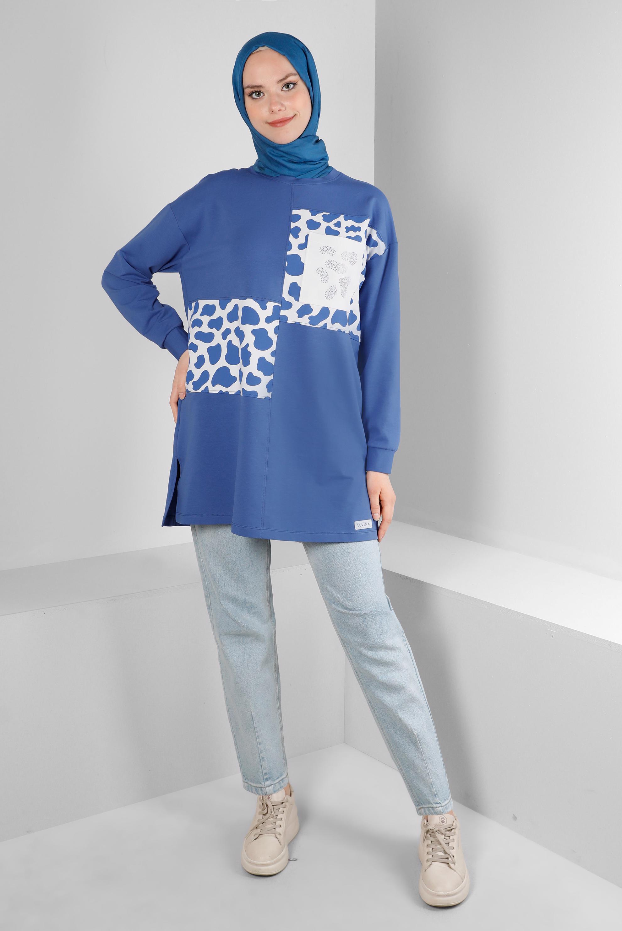 Tesettür giyim MAVİ DESENLİ BASKILI EŞOFMAN TUNİK 43621