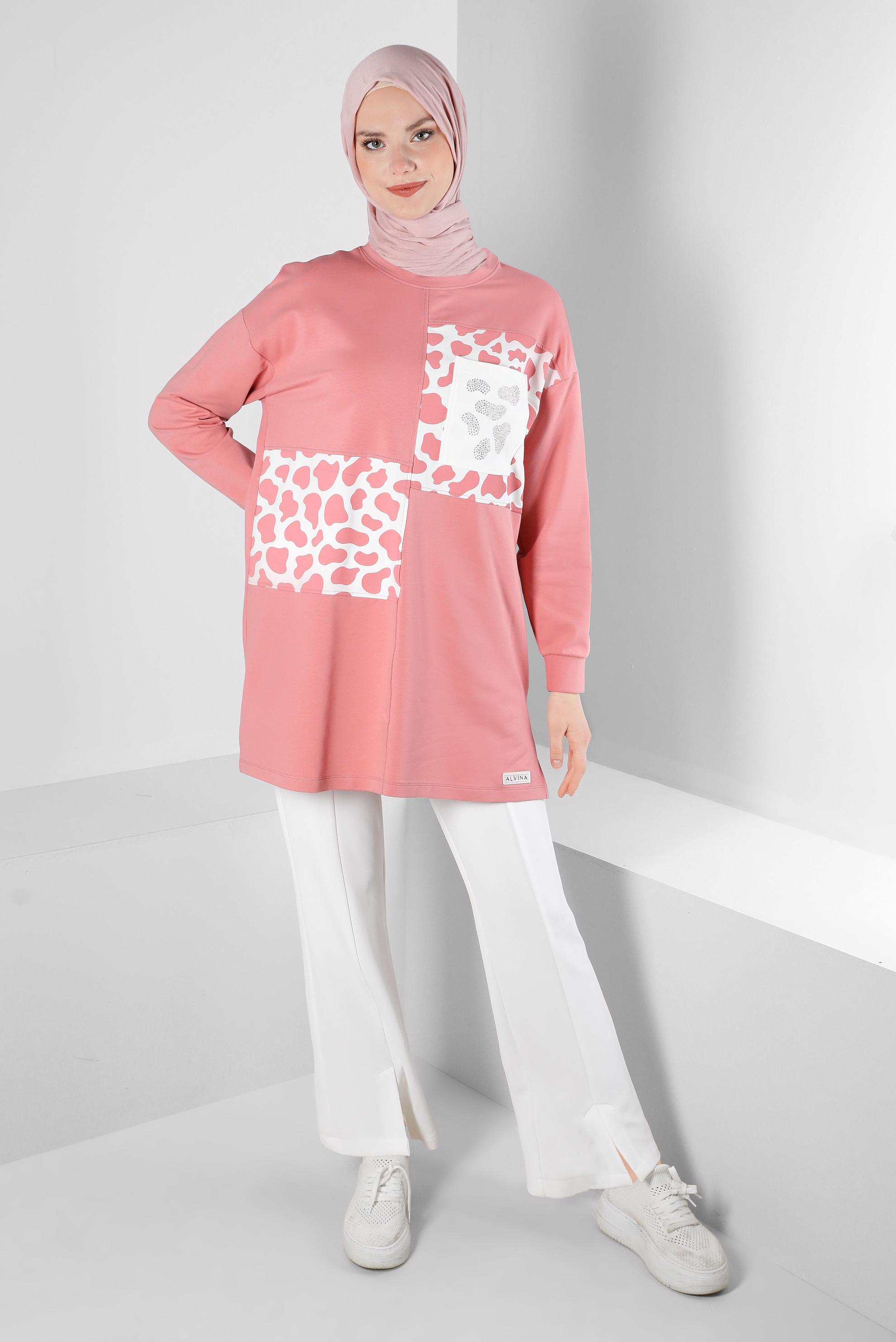 Tesettür giyim PEMBE DESENLİ BASKILI EŞOFMAN TUNİK 43621