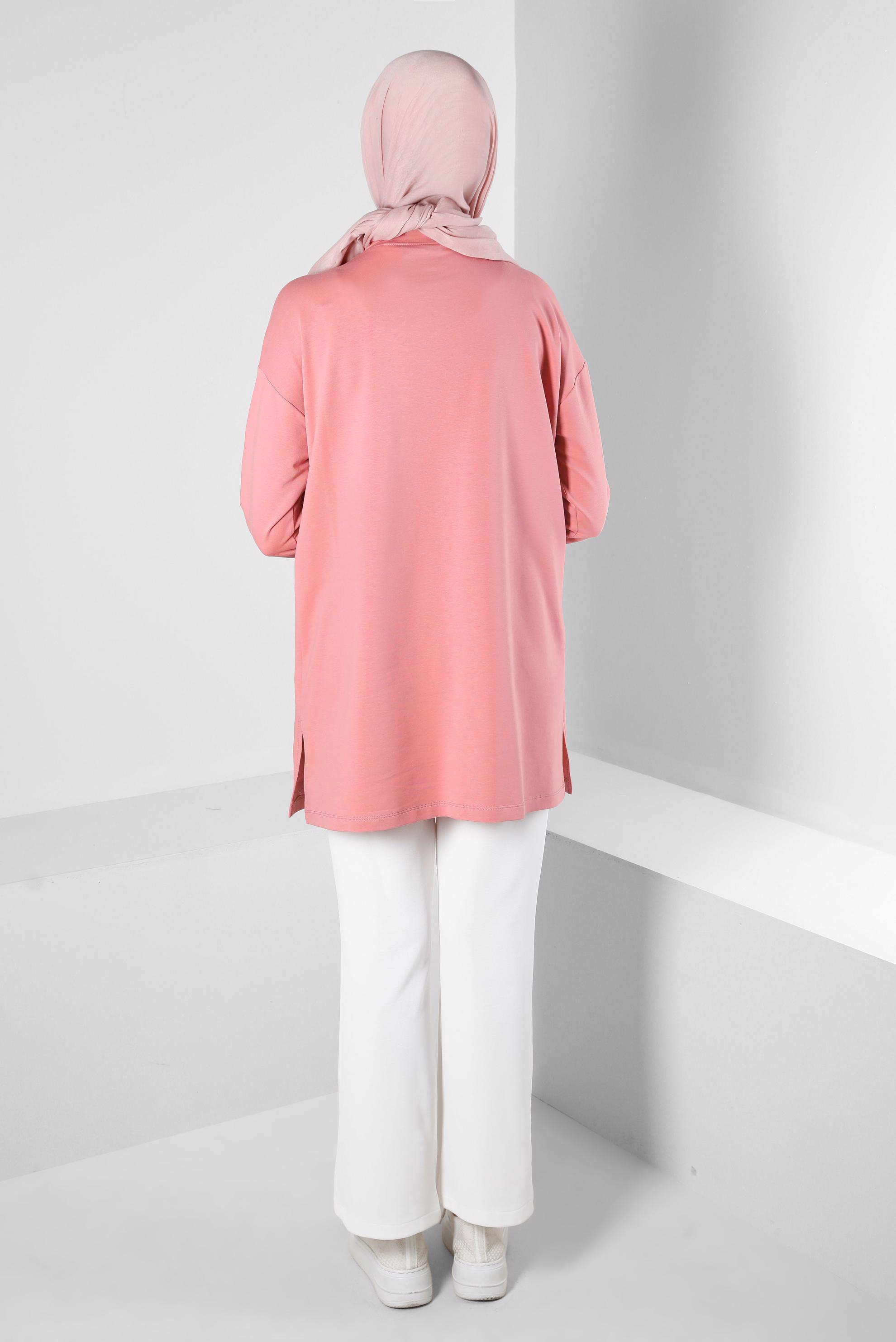 Tesettür giyim PEMBE DESENLİ BASKILI EŞOFMAN TUNİK 43621