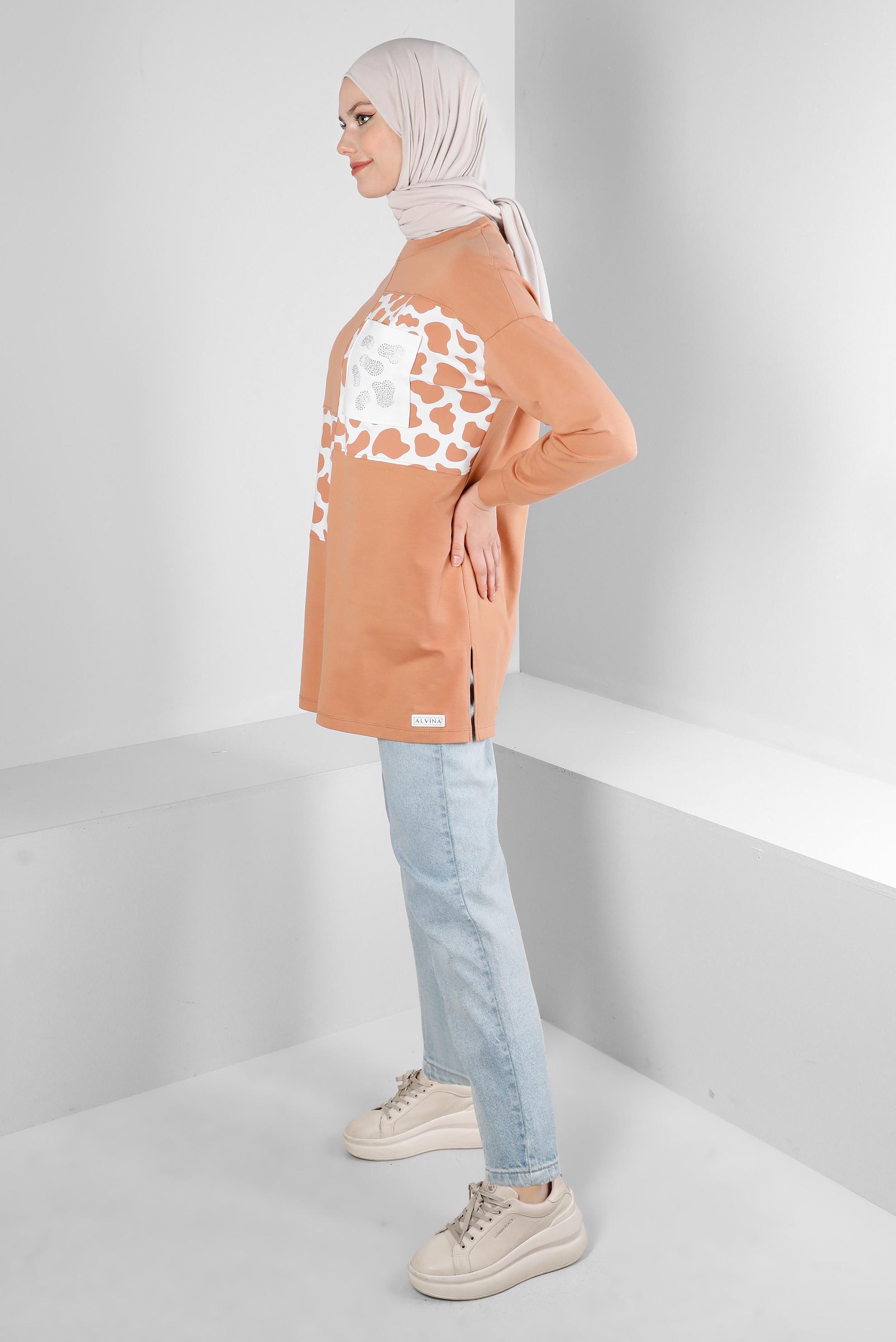 Tesettür giyim PEMBE DESENLİ BASKILI EŞOFMAN TUNİK 43621