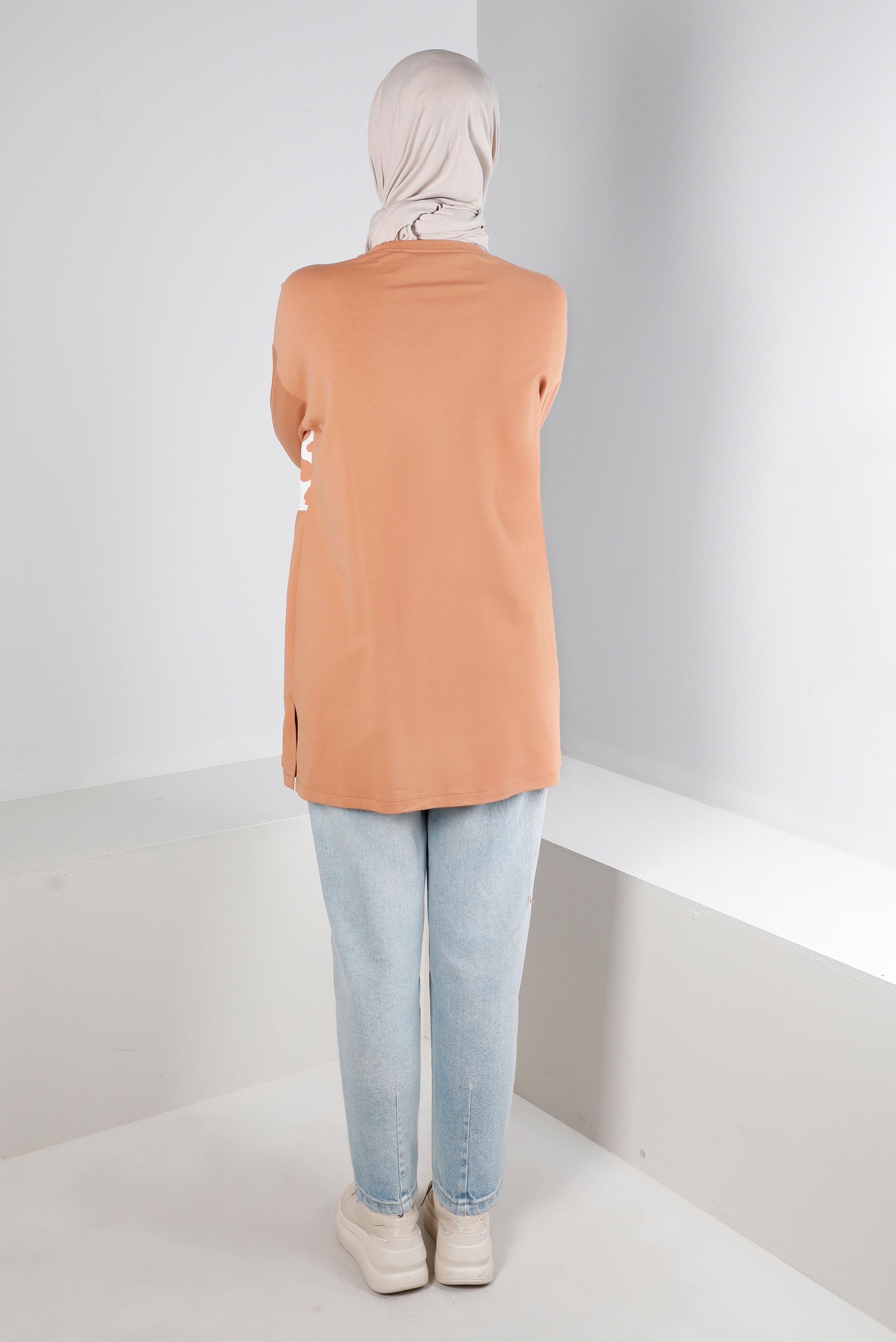 Tesettür giyim PEMBE DESENLİ BASKILI EŞOFMAN TUNİK 43621