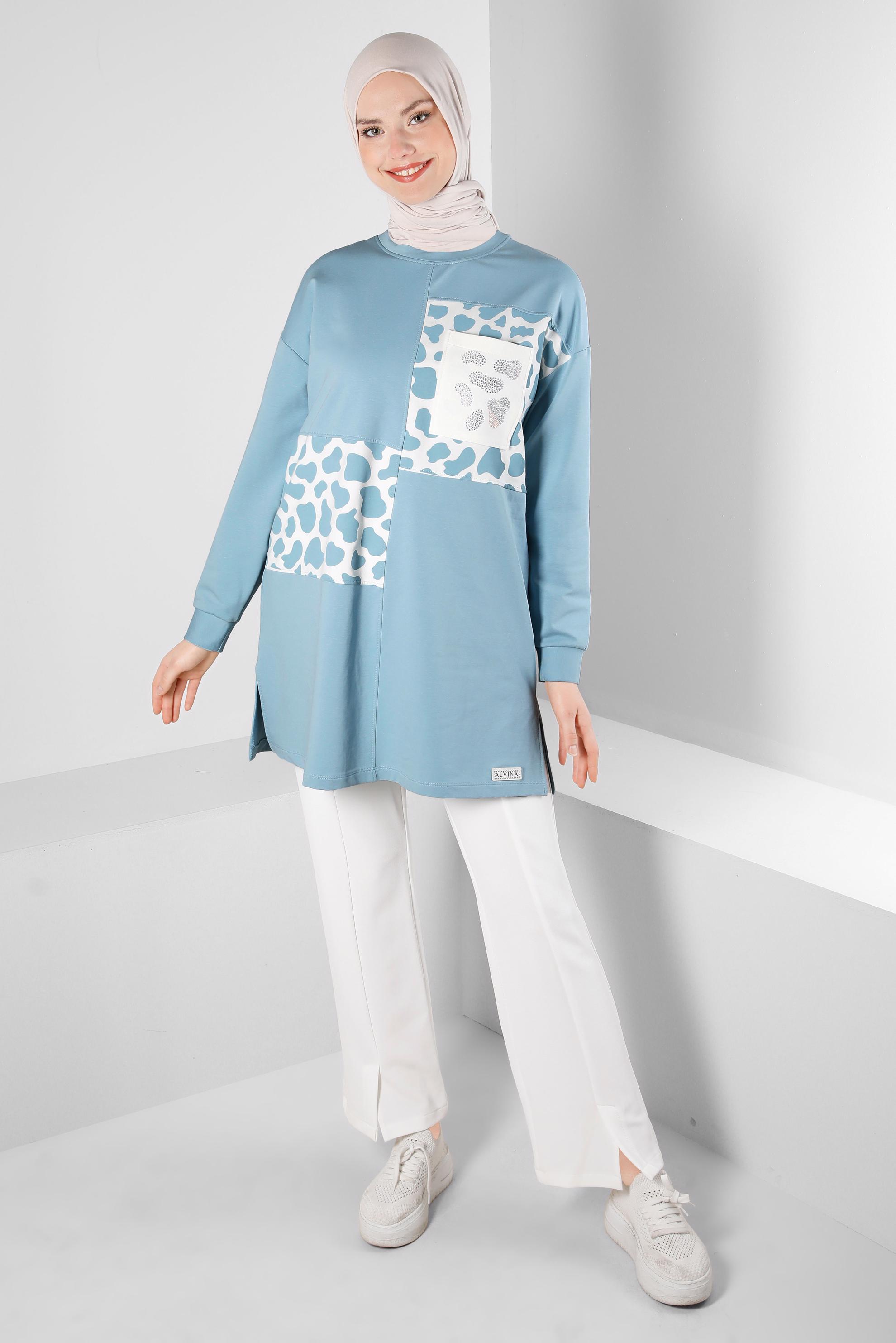 Tesettür giyim MAVİ DESENLİ BASKILI EŞOFMAN TUNİK 43621