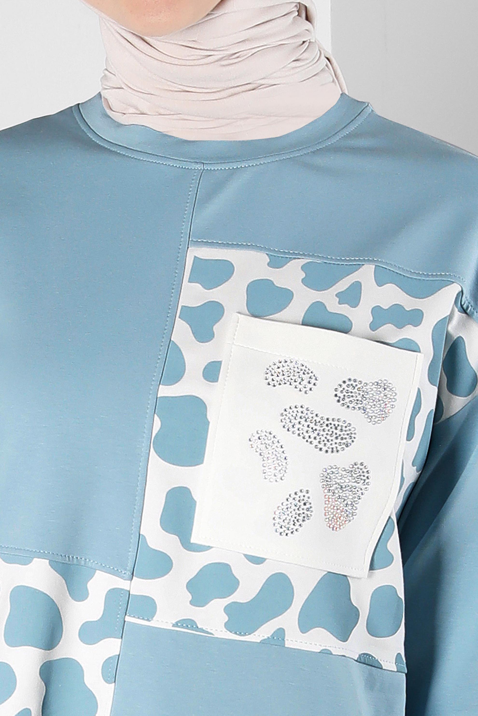 Tesettür giyim MAVİ DESENLİ BASKILI EŞOFMAN TUNİK 43621