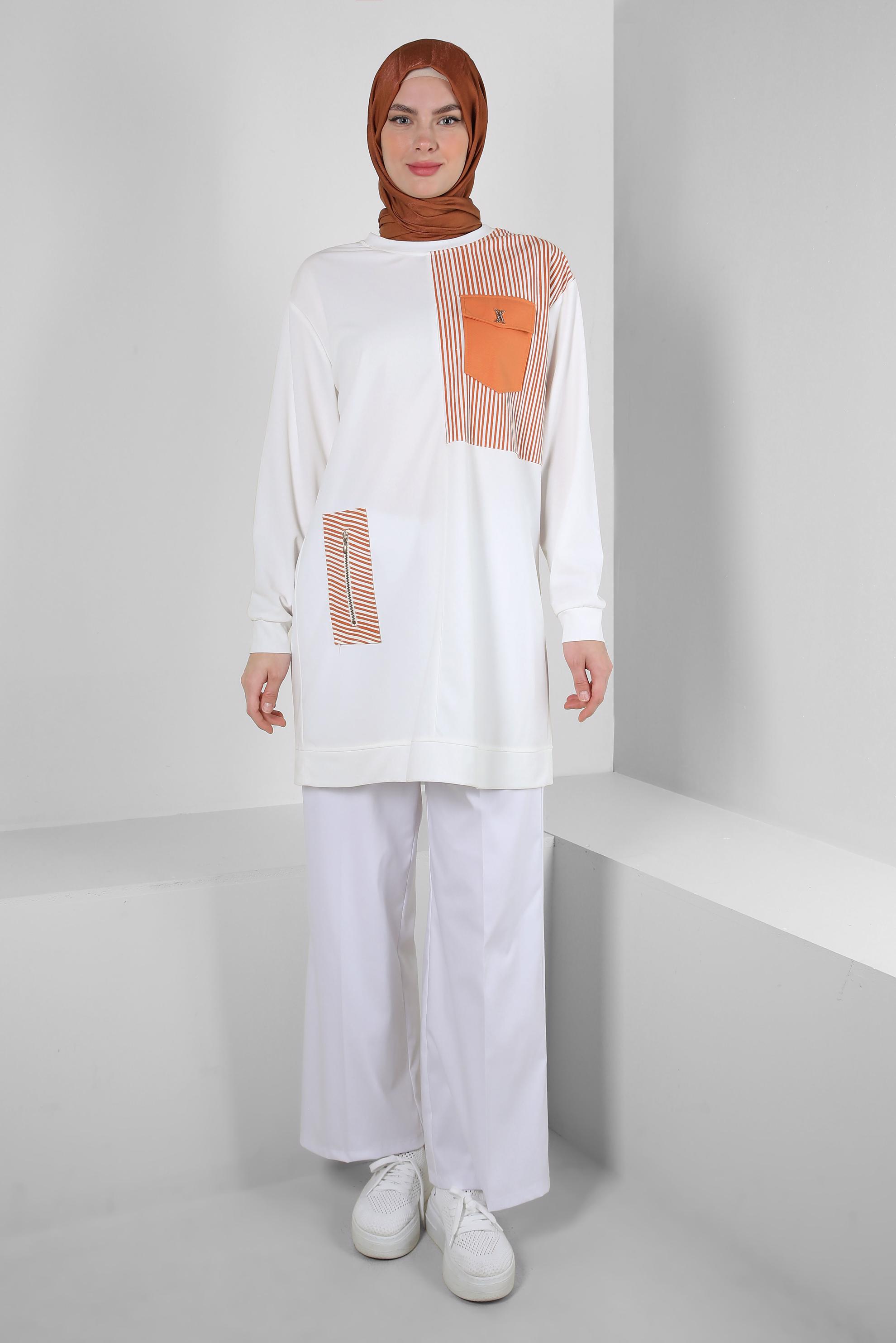 Tesettür giyim BEYAZ ÇİZGİ DETAYLI BİSİKLET YAKA EŞOFMAN TUNİK 43804