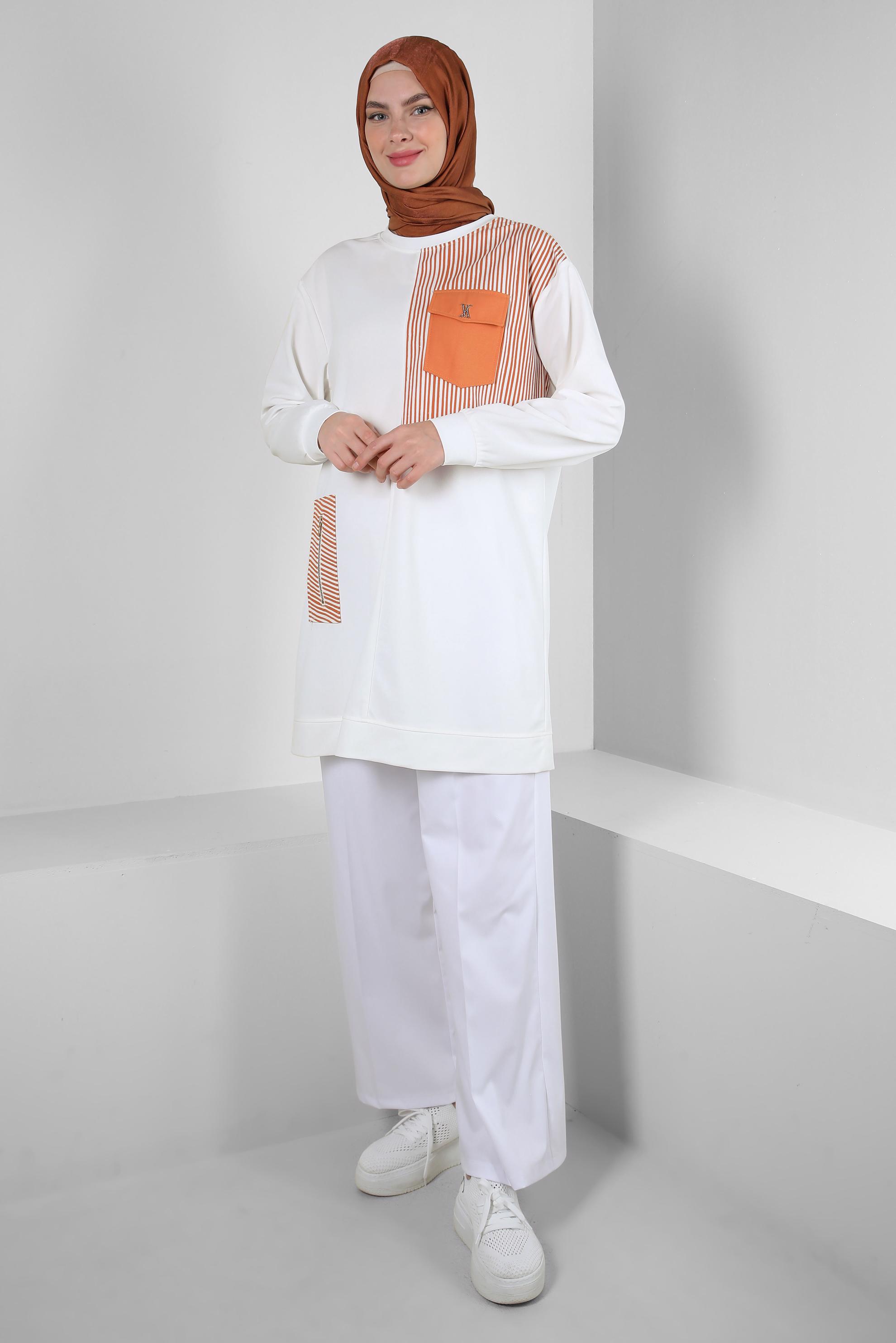 Tesettür giyim BEYAZ ÇİZGİ DETAYLI BİSİKLET YAKA EŞOFMAN TUNİK 43804