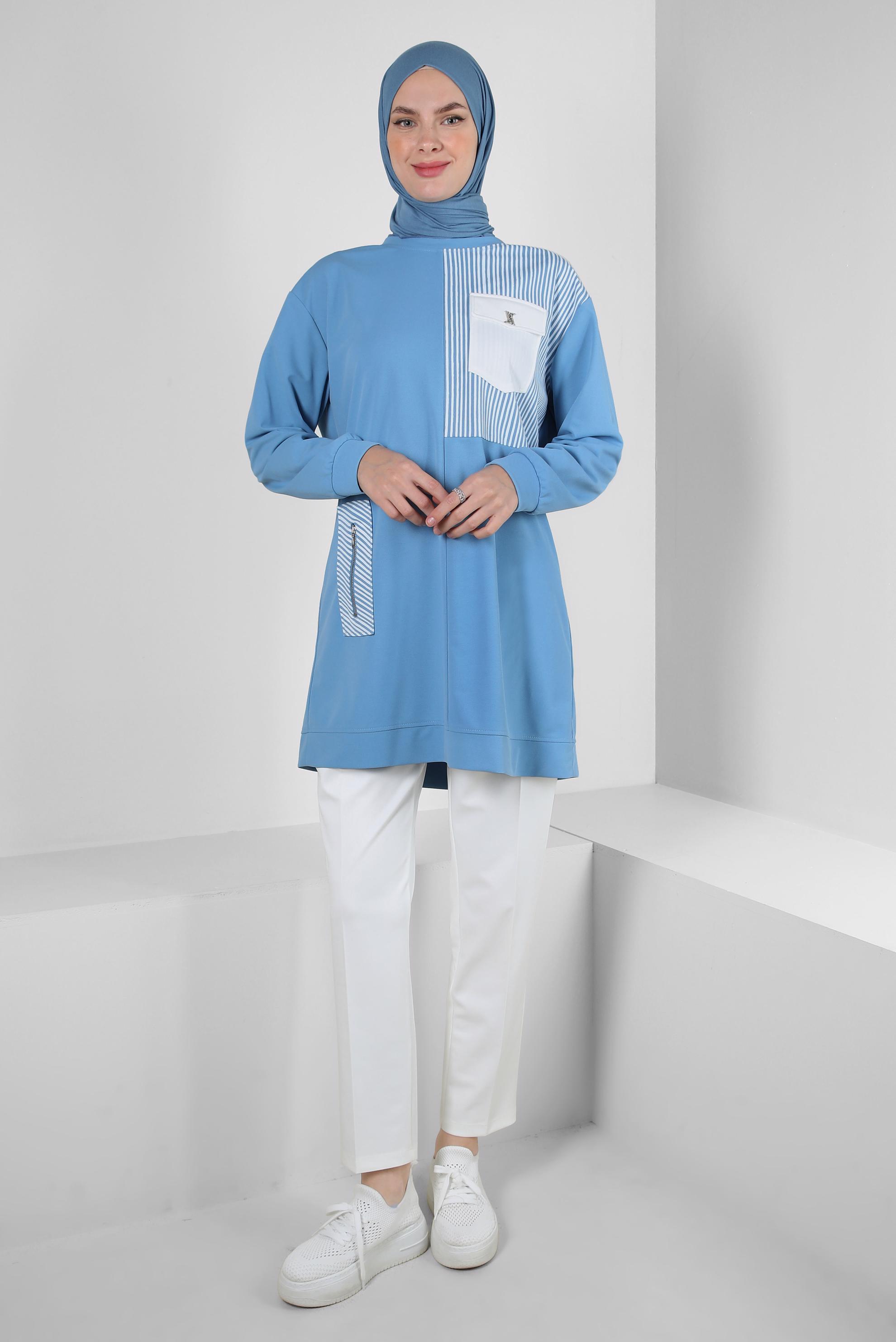 Tesettür giyim MAVİ ÇİZGİ DETAYLI BİSİKLET YAKA EŞOFMAN TUNİK 43804