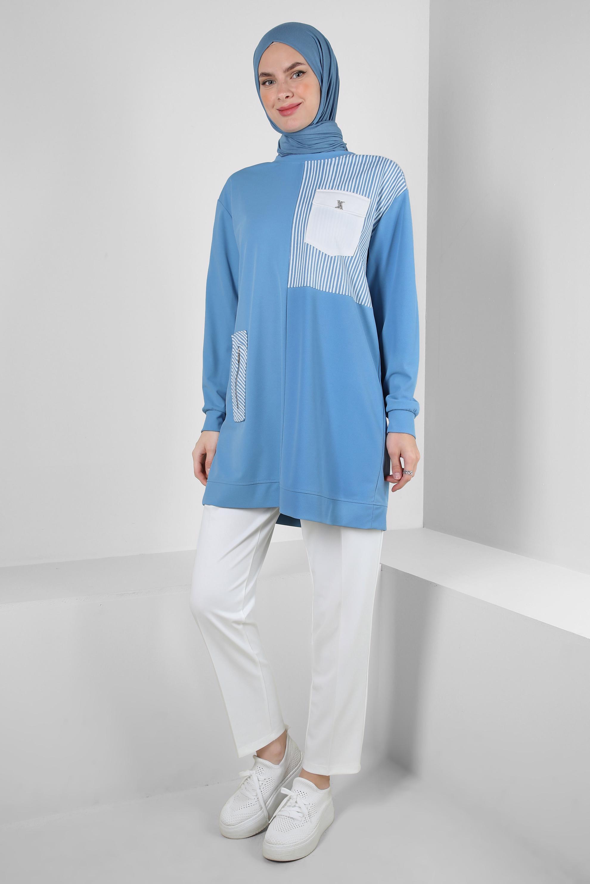 Tesettür giyim MAVİ ÇİZGİ DETAYLI BİSİKLET YAKA EŞOFMAN TUNİK 43804