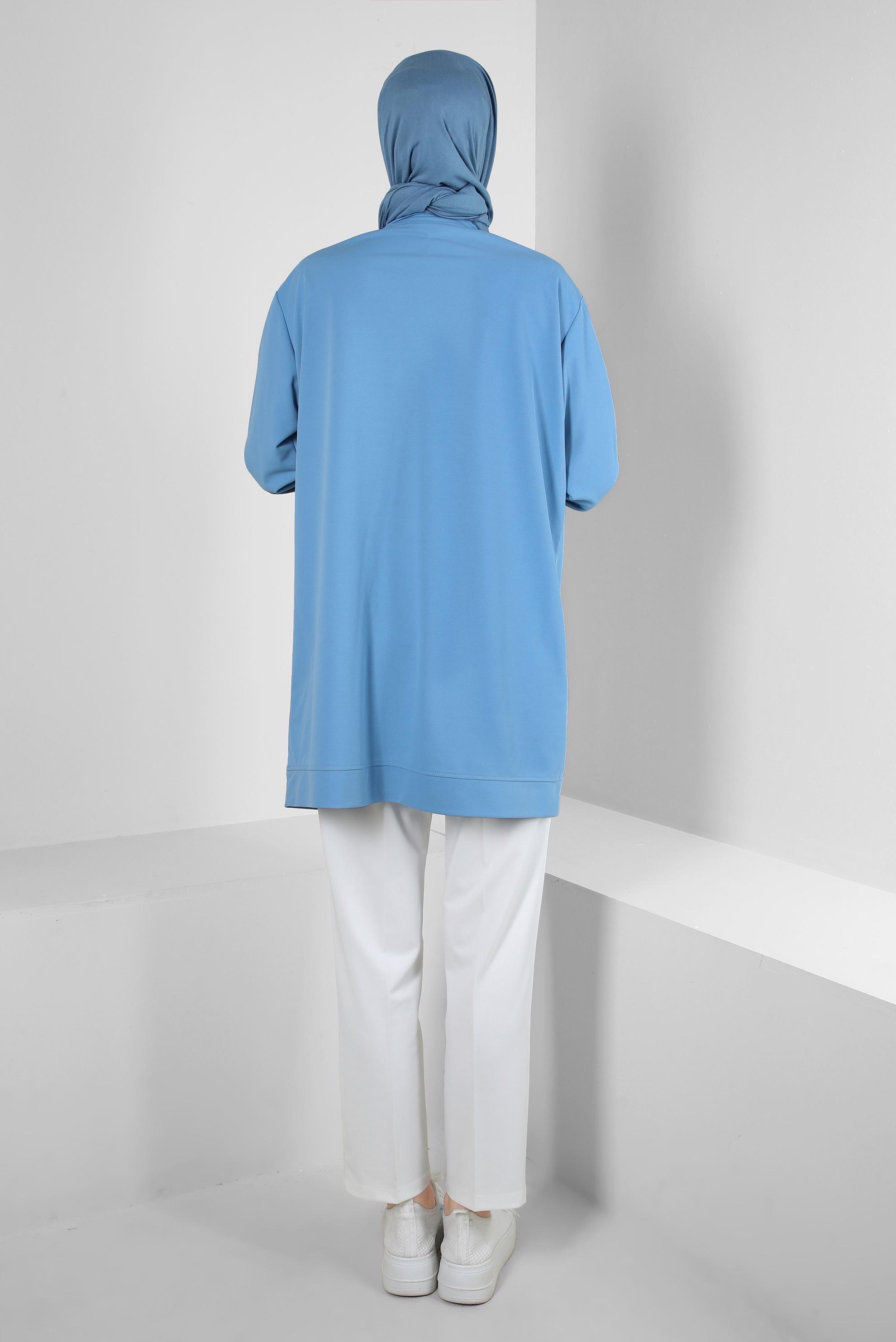 Tesettür giyim MAVİ ÇİZGİ DETAYLI BİSİKLET YAKA EŞOFMAN TUNİK 43804