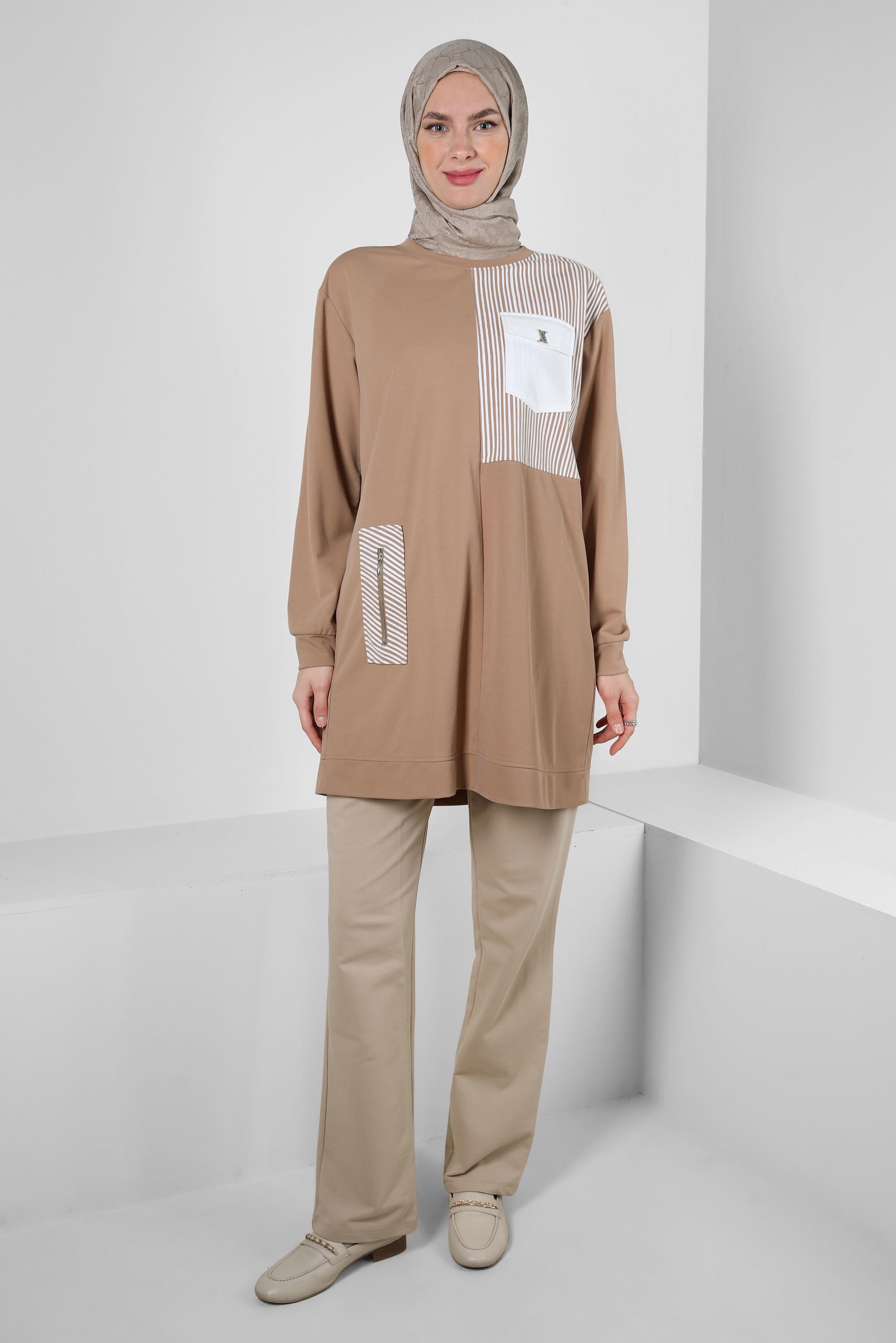 Tesettür giyim KAHVE ÇİZGİ DETAYLI BİSİKLET YAKA EŞOFMAN TUNİK 43804