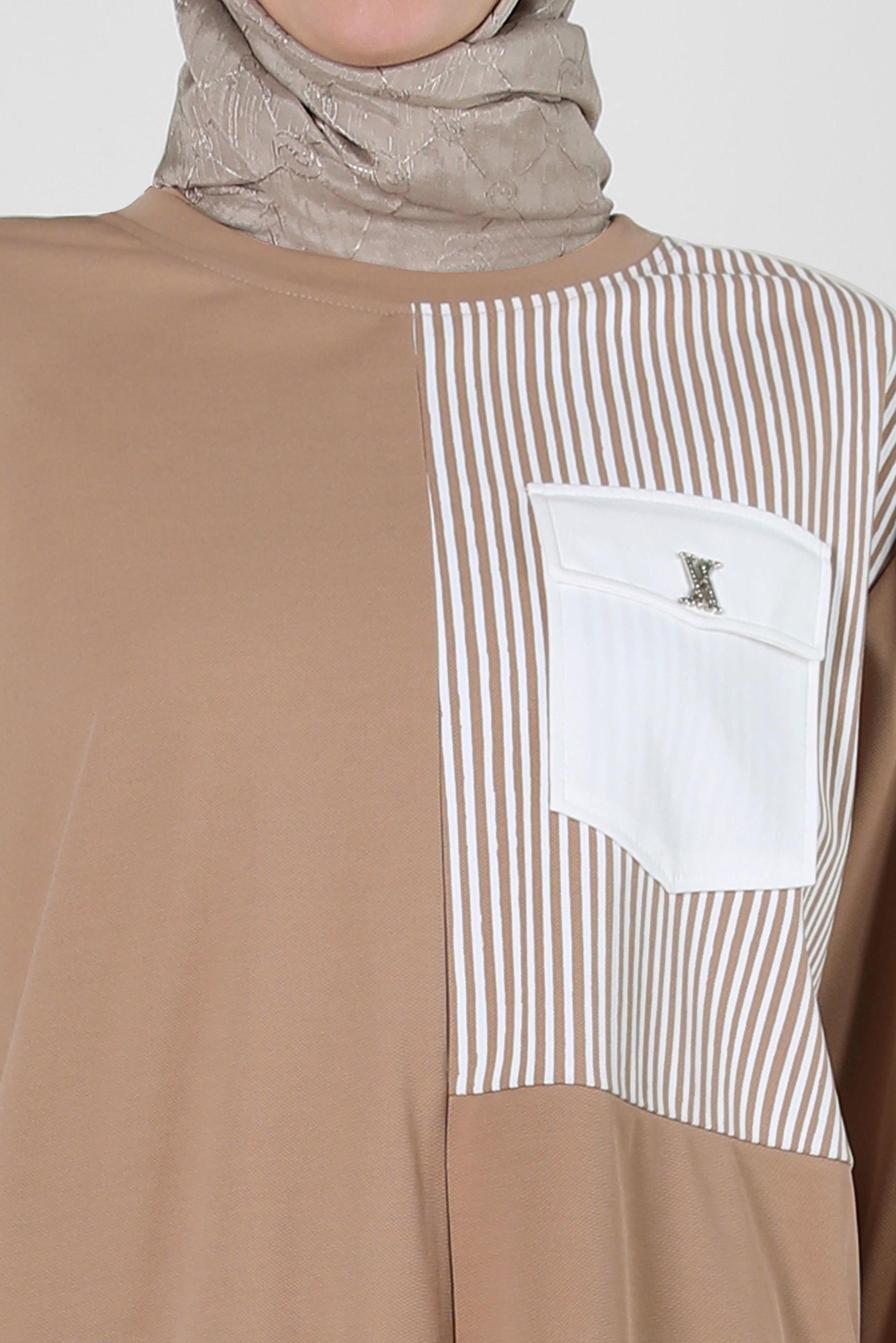 Tesettür giyim KAHVE ÇİZGİ DETAYLI BİSİKLET YAKA EŞOFMAN TUNİK 43804