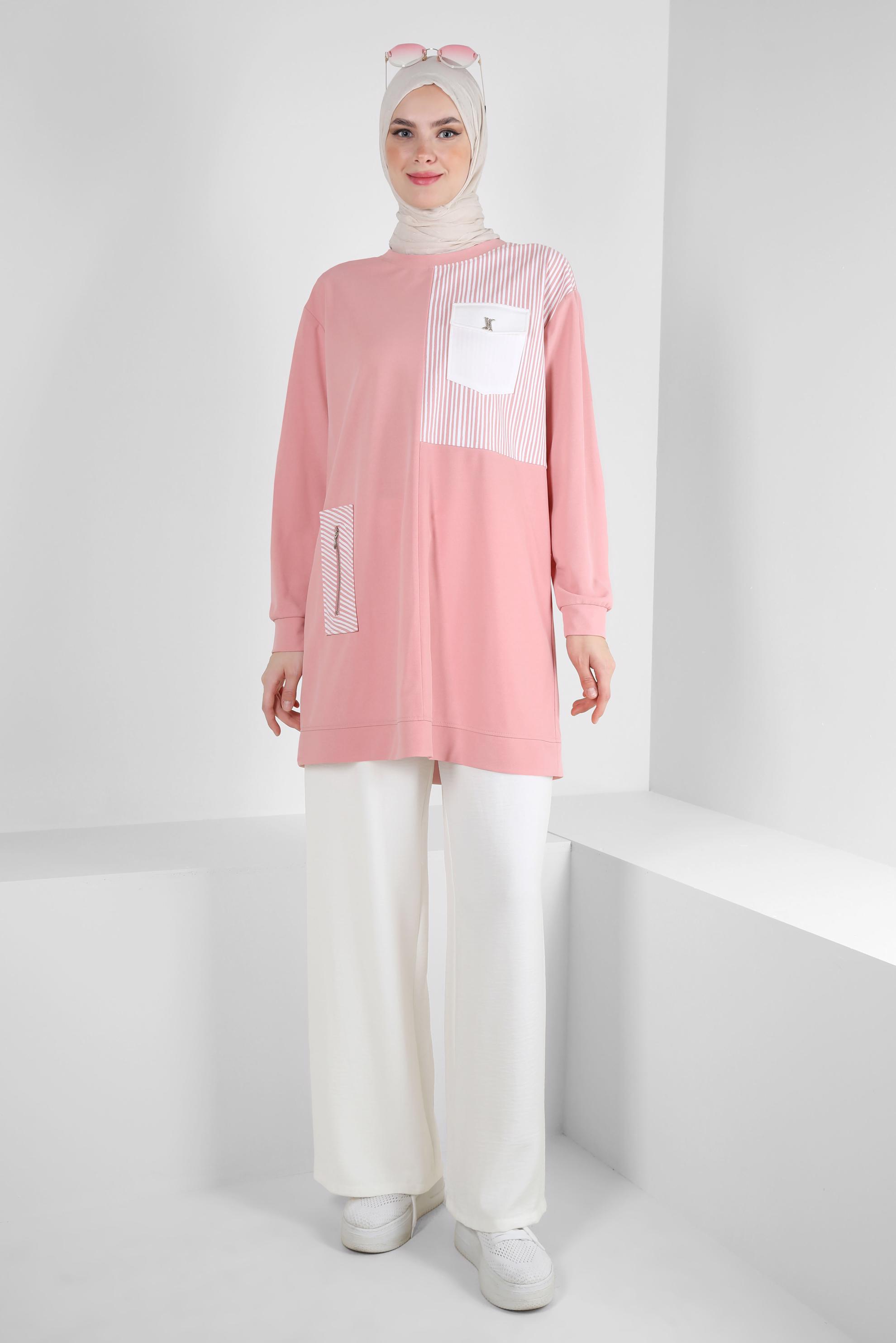 Tesettür giyim PUDRA ÇİZGİ DETAYLI BİSİKLET YAKA EŞOFMAN TUNİK 43804
