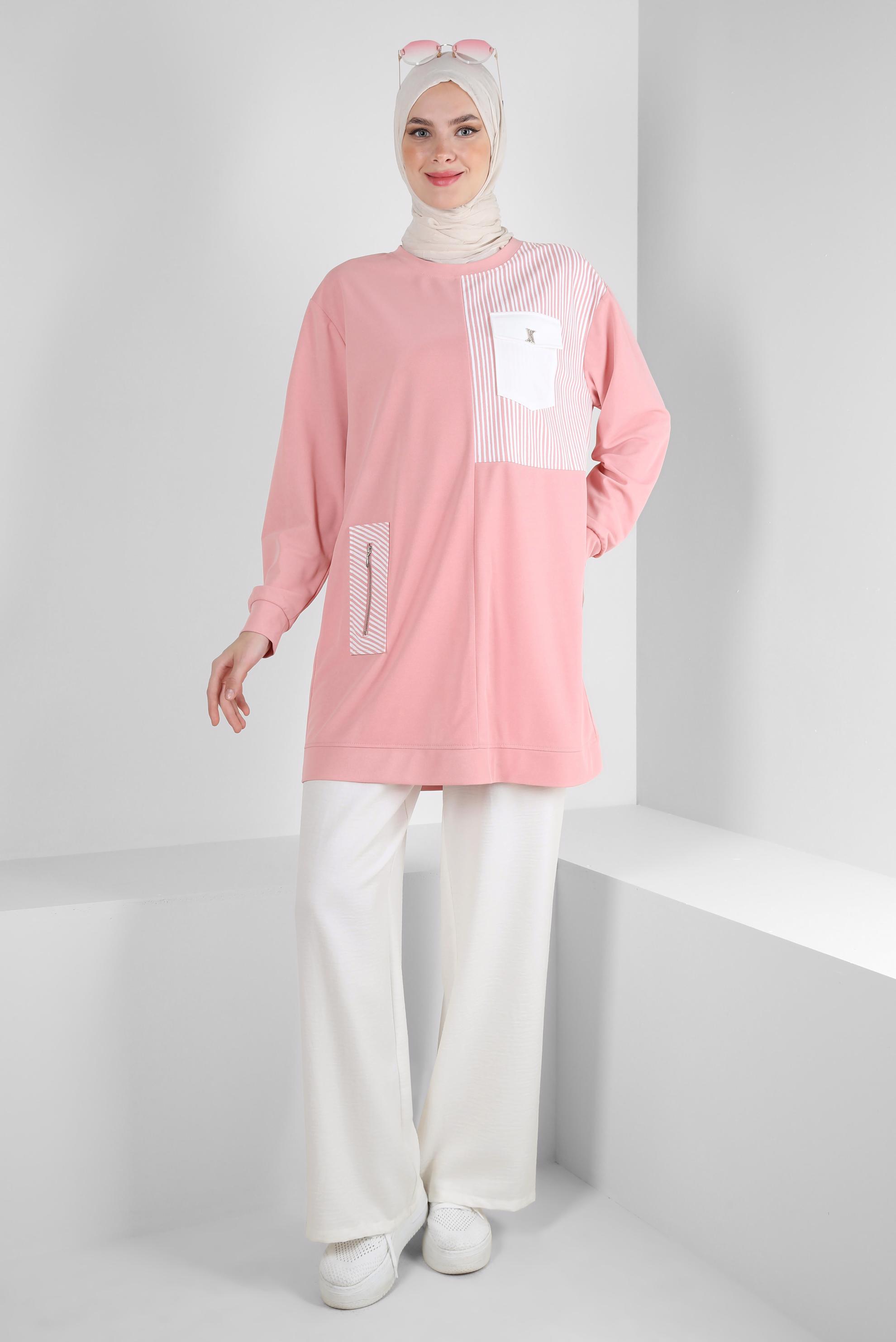 Tesettür giyim PUDRA ÇİZGİ DETAYLI BİSİKLET YAKA EŞOFMAN TUNİK 43804