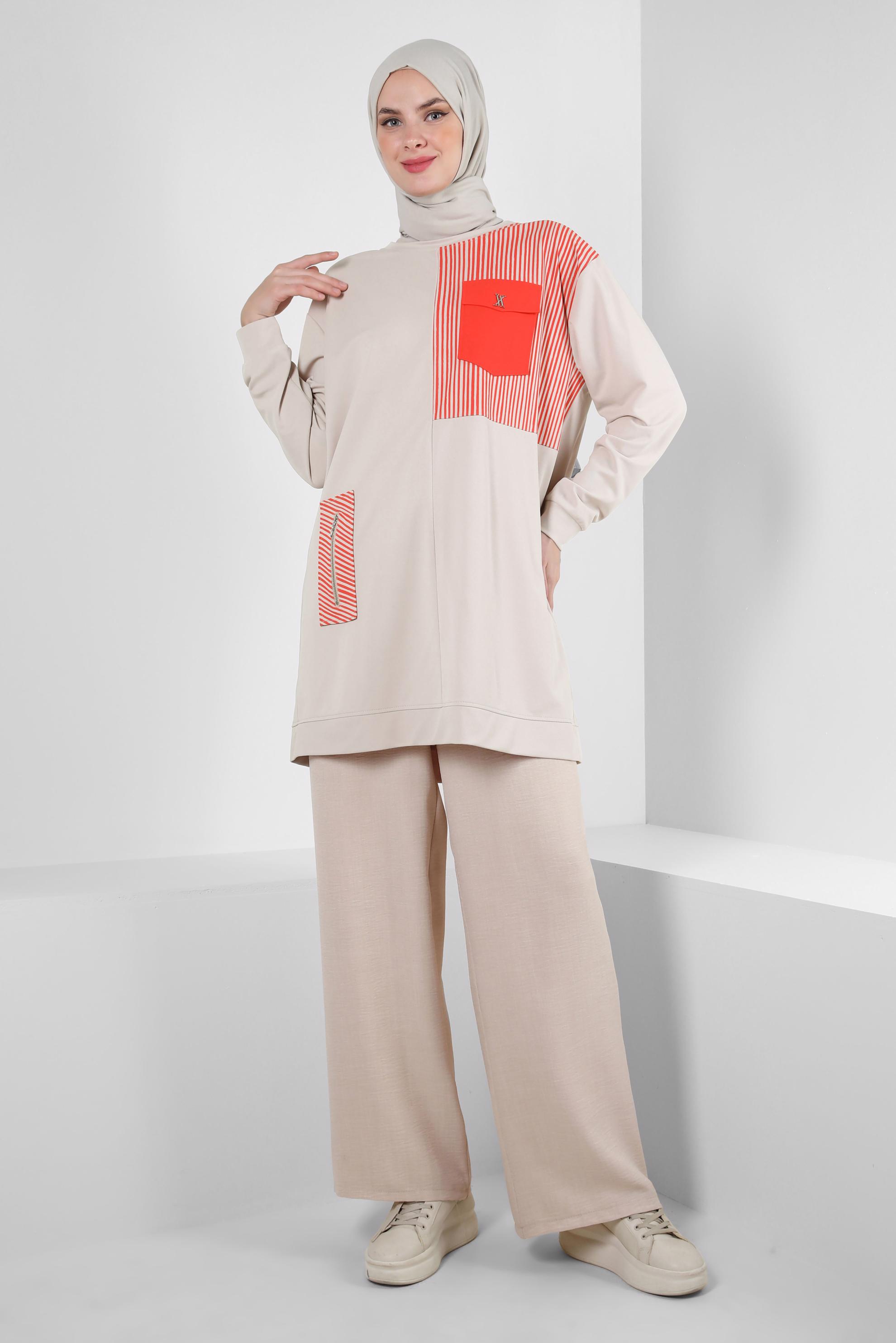 Tesettür giyim BEJ ÇİZGİ DETAYLI BİSİKLET YAKA EŞOFMAN TUNİK 43804