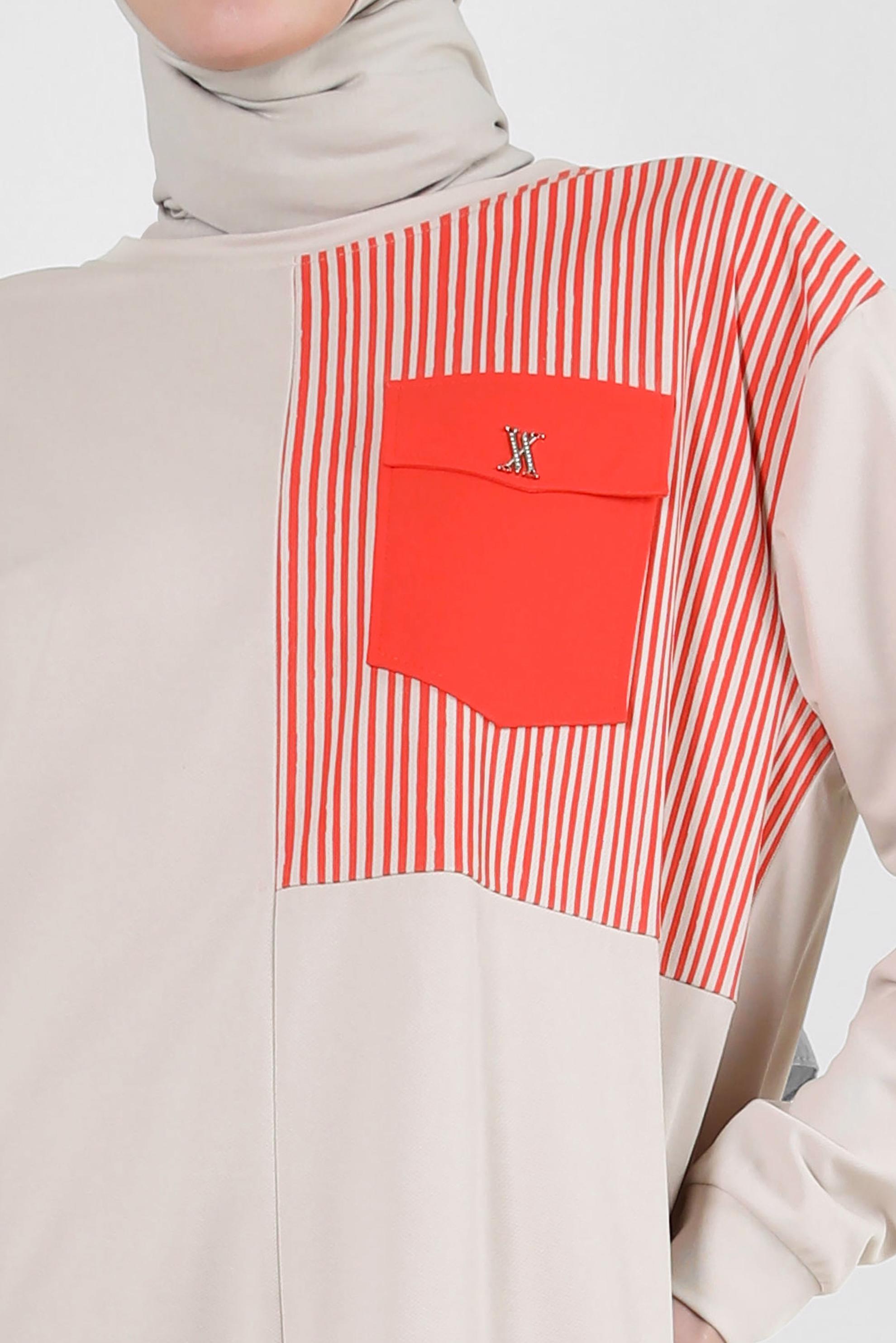 Tesettür giyim BEJ ÇİZGİ DETAYLI BİSİKLET YAKA EŞOFMAN TUNİK 43804