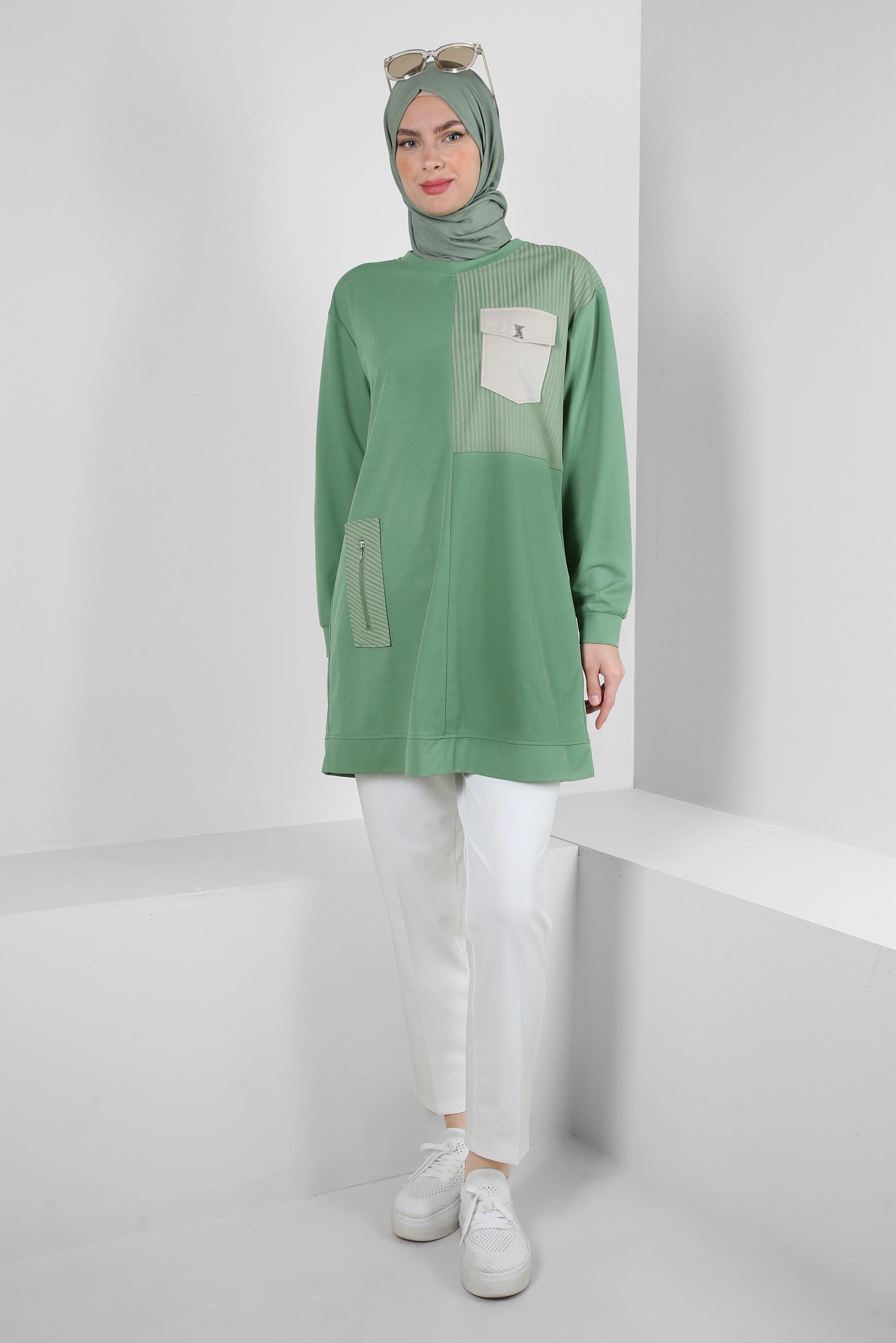 Tesettür giyim YEŞİL ÇİZGİ DETAYLI BİSİKLET YAKA EŞOFMAN TUNİK 43804