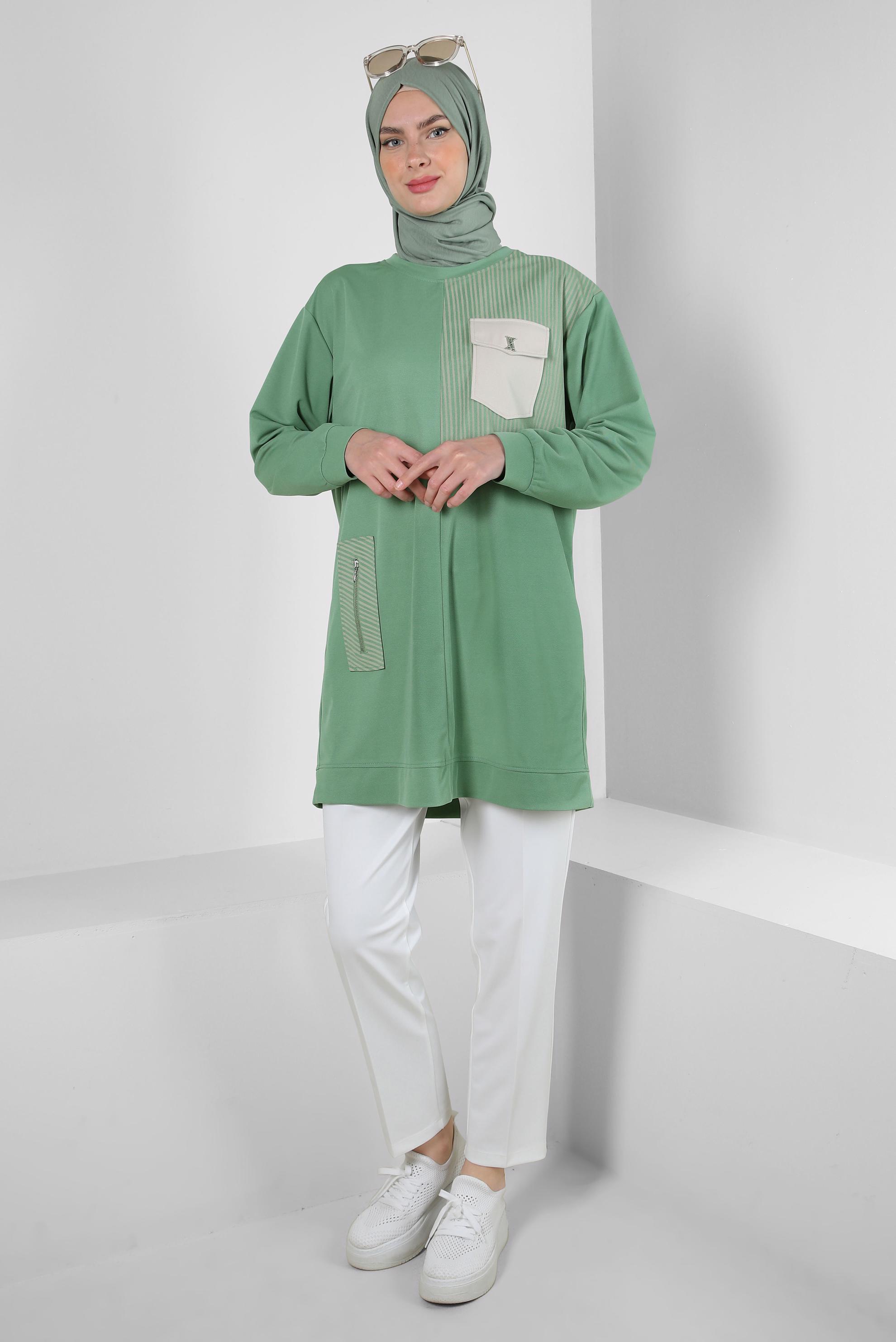 Tesettür giyim YEŞİL ÇİZGİ DETAYLI BİSİKLET YAKA EŞOFMAN TUNİK 43804