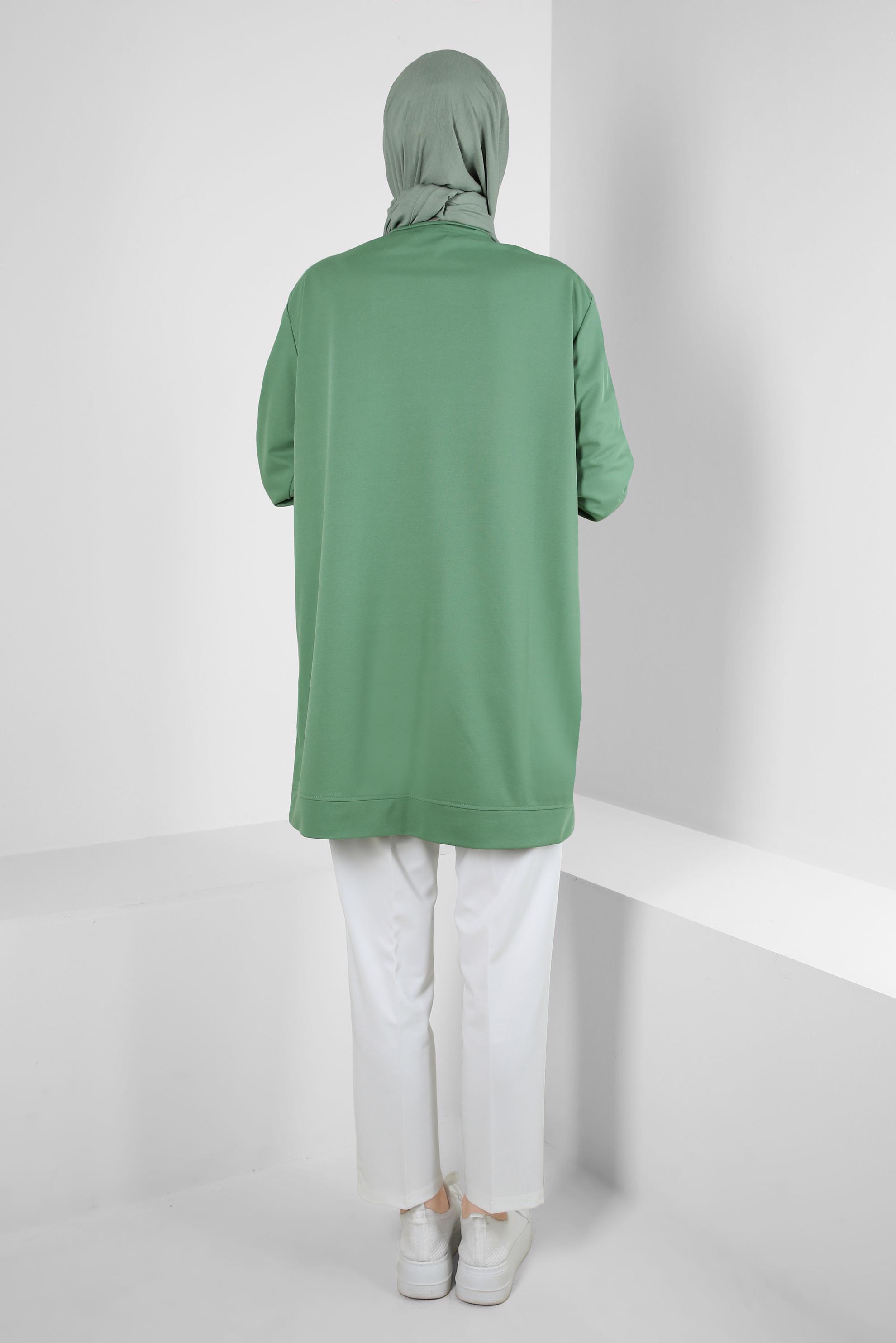 Tesettür giyim YEŞİL ÇİZGİ DETAYLI BİSİKLET YAKA EŞOFMAN TUNİK 43804