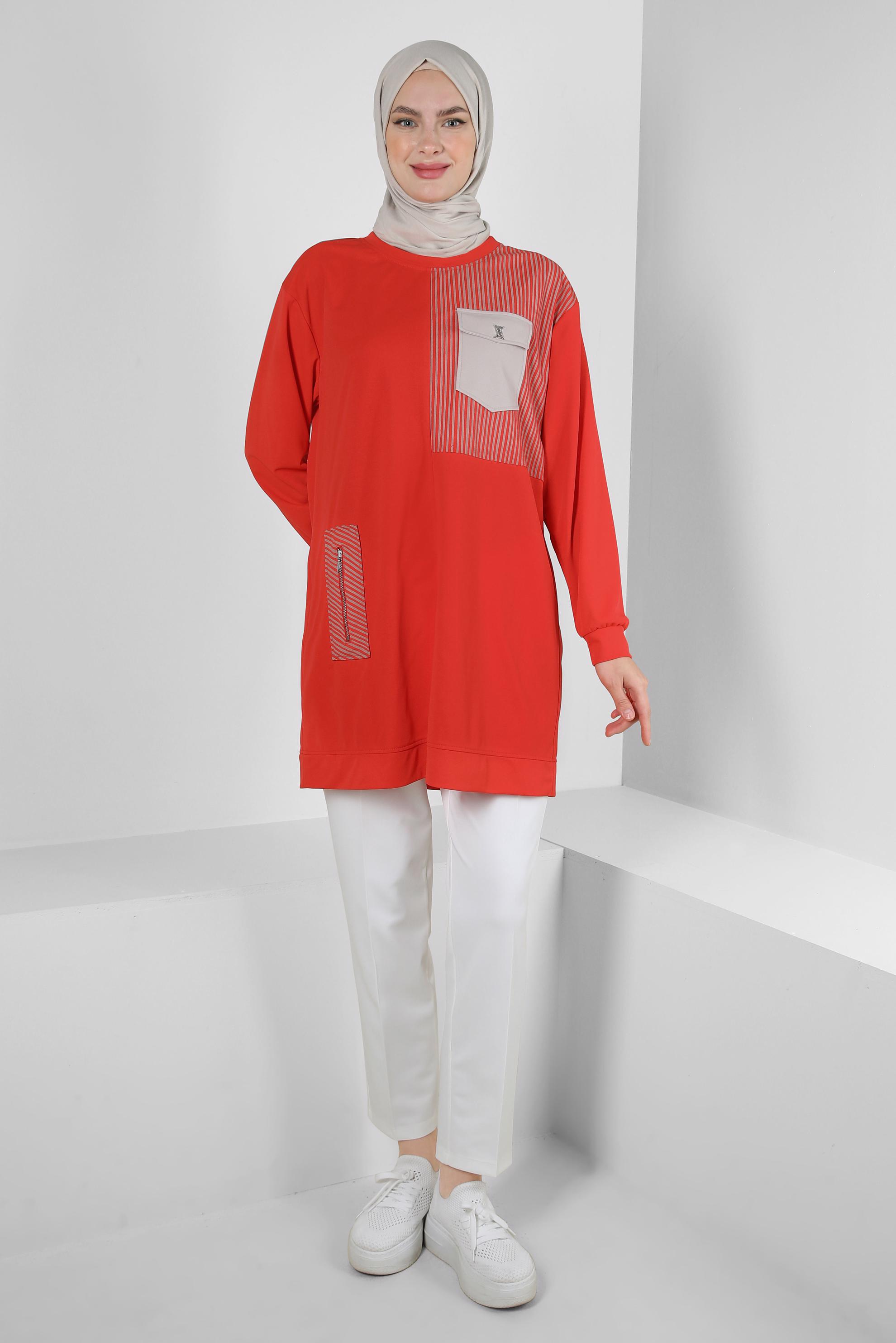 Tesettür giyim KIRMIZI ÇİZGİ DETAYLI BİSİKLET YAKA EŞOFMAN TUNİK 43804